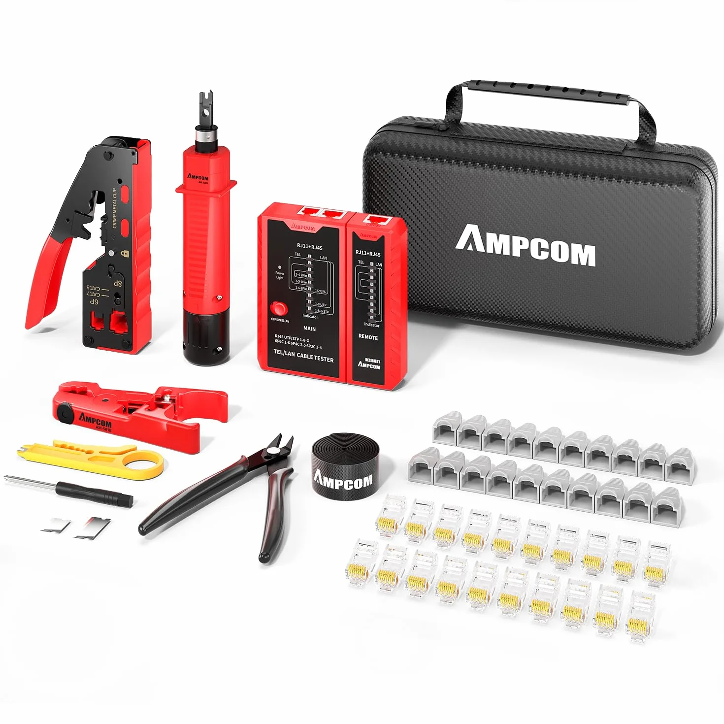 AMPCOM Zestaw narzędzi do zaciskania Ethernet 10 w 1, zestaw sieciowy RJ45/RJ11 z testerem RJ45 do złączy Cat6/5e, zawiera 110 narzędzi do dziurkowania i ściągacza przewodów