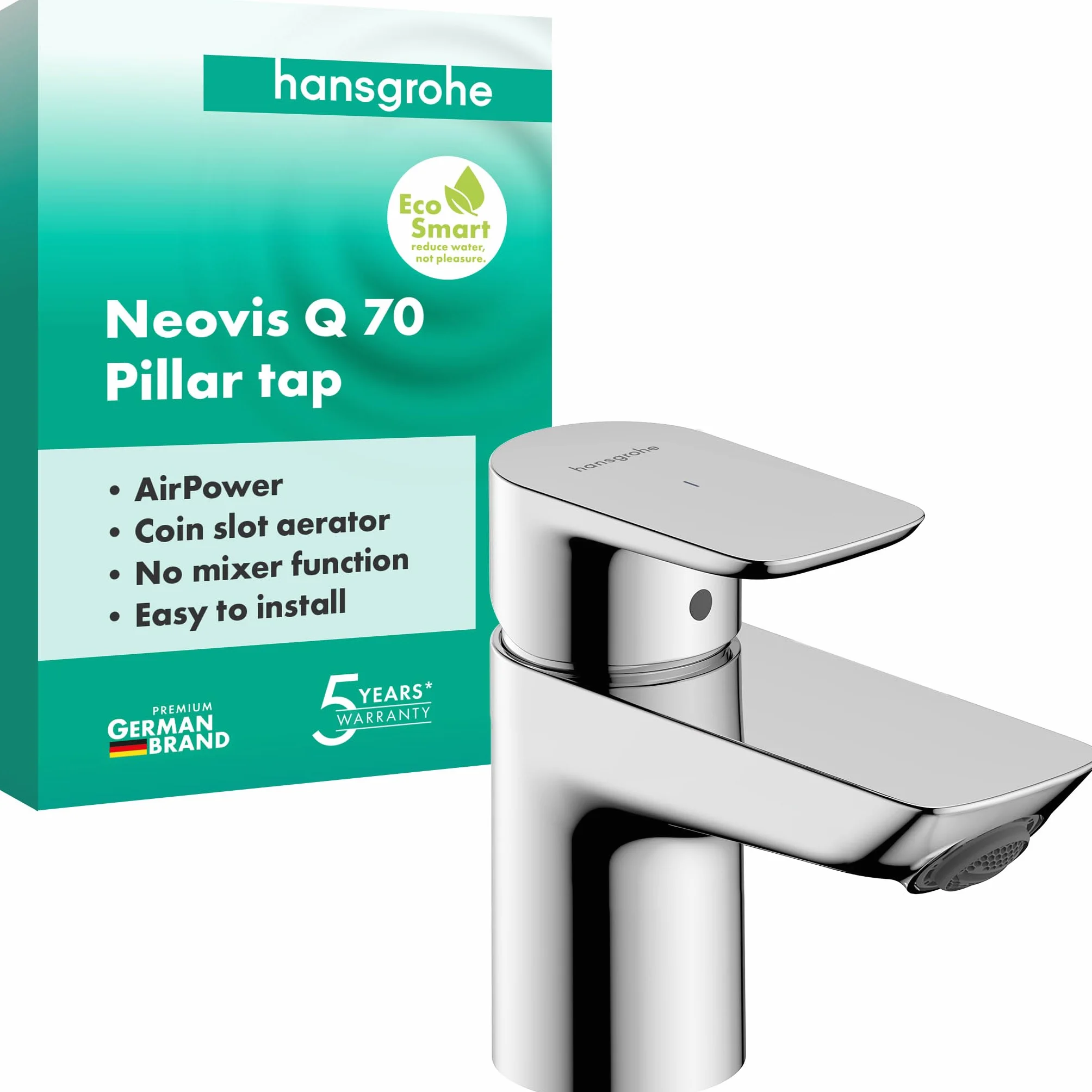 hansgrohe Neovis Q 71339000 bateria umywalkowa do zimnej wody bez odpływu, kran dla gości, WC z wylewką, wysokość 63 mm, bateria mieszakowa do umywalki oszczędzająca wodę (EcoSmart), chrom, 71339000
