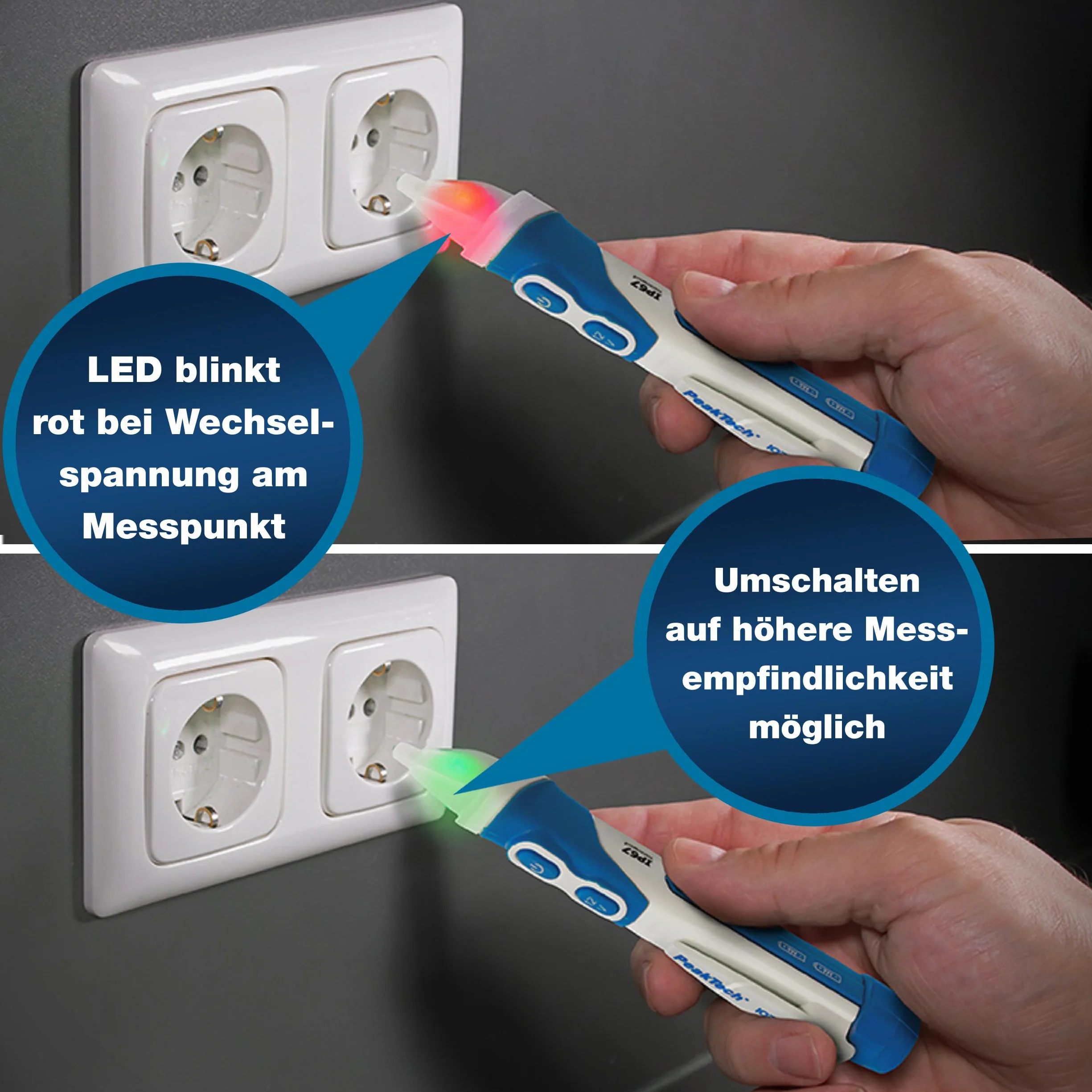 PeakTech 1032 AC bezdotykowy czujnik napięcia [+lampa sygnałowa LED i wibracje] Zakres roboczy 12-1000 V AC, czujnik linii, czujnik liniowy