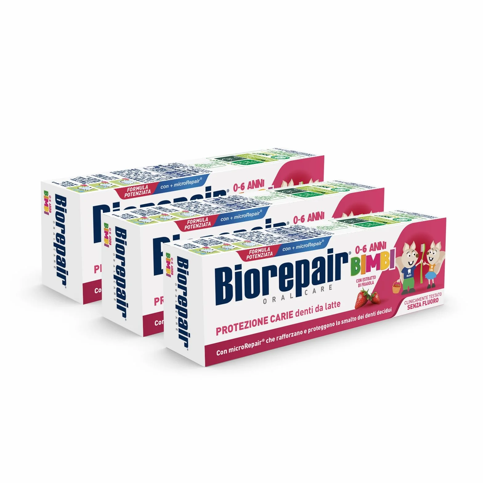 Biorepair, Pasta do zębów dla dzieci w wieku 0-6 lat, 3 opakowania, pasta do zębów dla dzieci Biorepair bez fluoru, smak truskawek, przeciwgorączka, dla zdrowych dziąseł, 50 ml