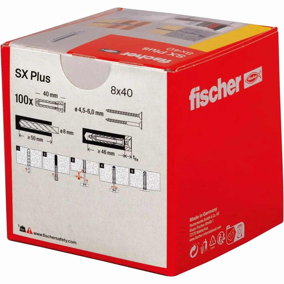 fischer Kołek rozporowy SX Plus 8 x 40, pudełko z 100 kołkami nylonowymi, kołki rozporowe zapewniające optymalną przyczepność w przypadku mocowań w betonie, cegle pełnej, betonie porowatym, cegle o