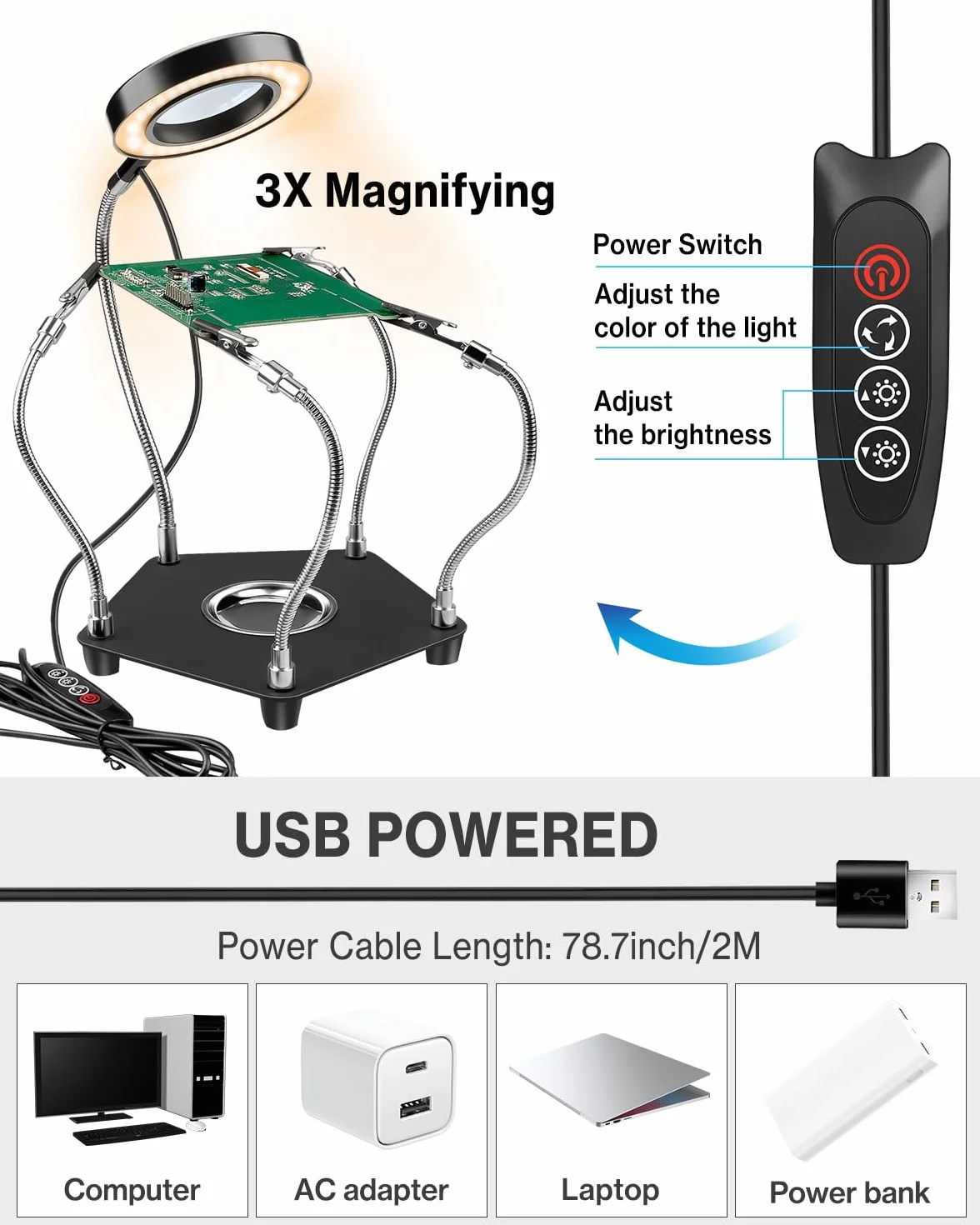 Stacja lutownicza trzeciej ręki z USB LED, 3x lupa, cztery ramiona, pomocnik do lutowania