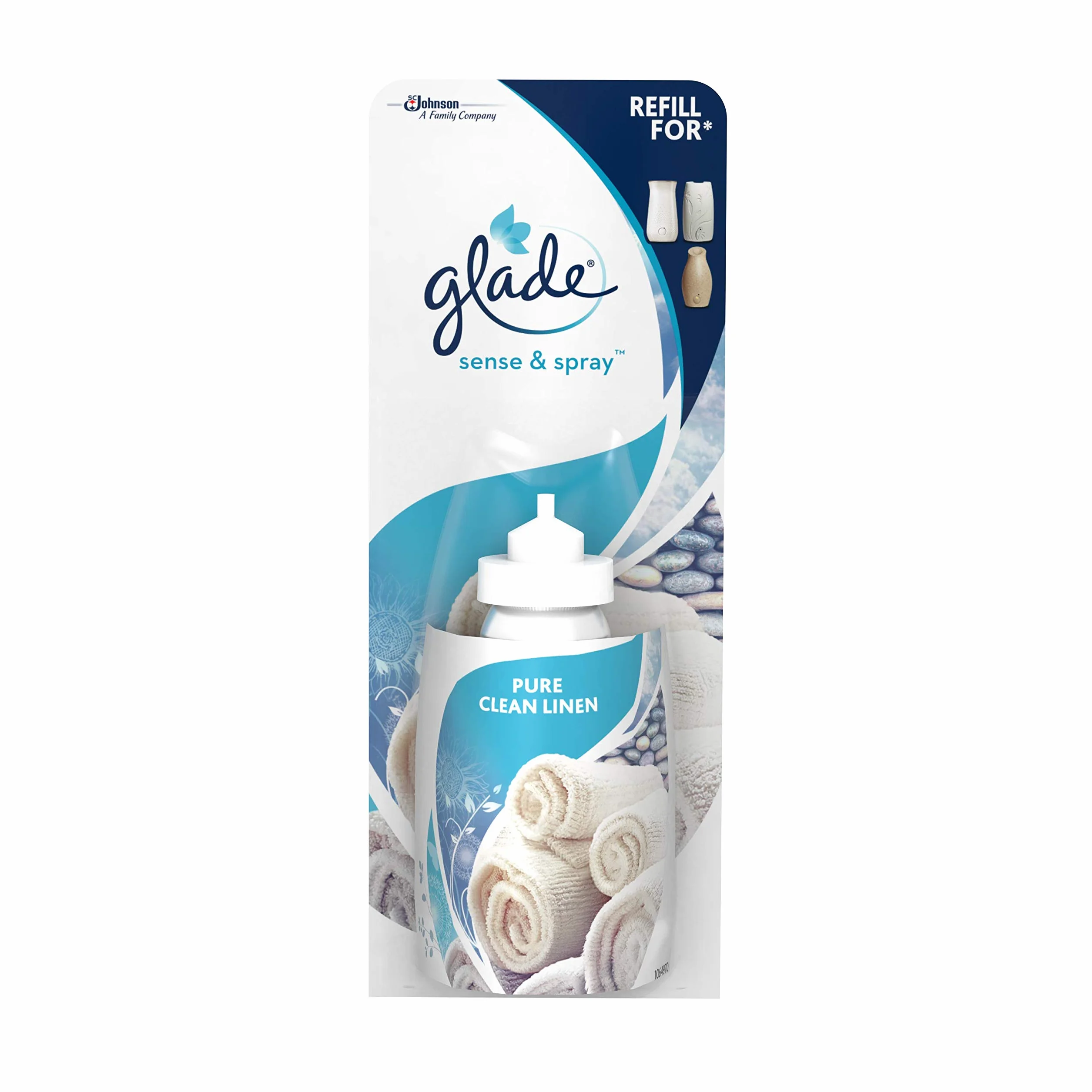 Glade Sense & Spray odświeżacz powietrza, aktywowany ruchem, automatyczny spray pokojowy i eliminator zapachów do domu, czysta pościel, 8 wkładów (8 x 18 ml)