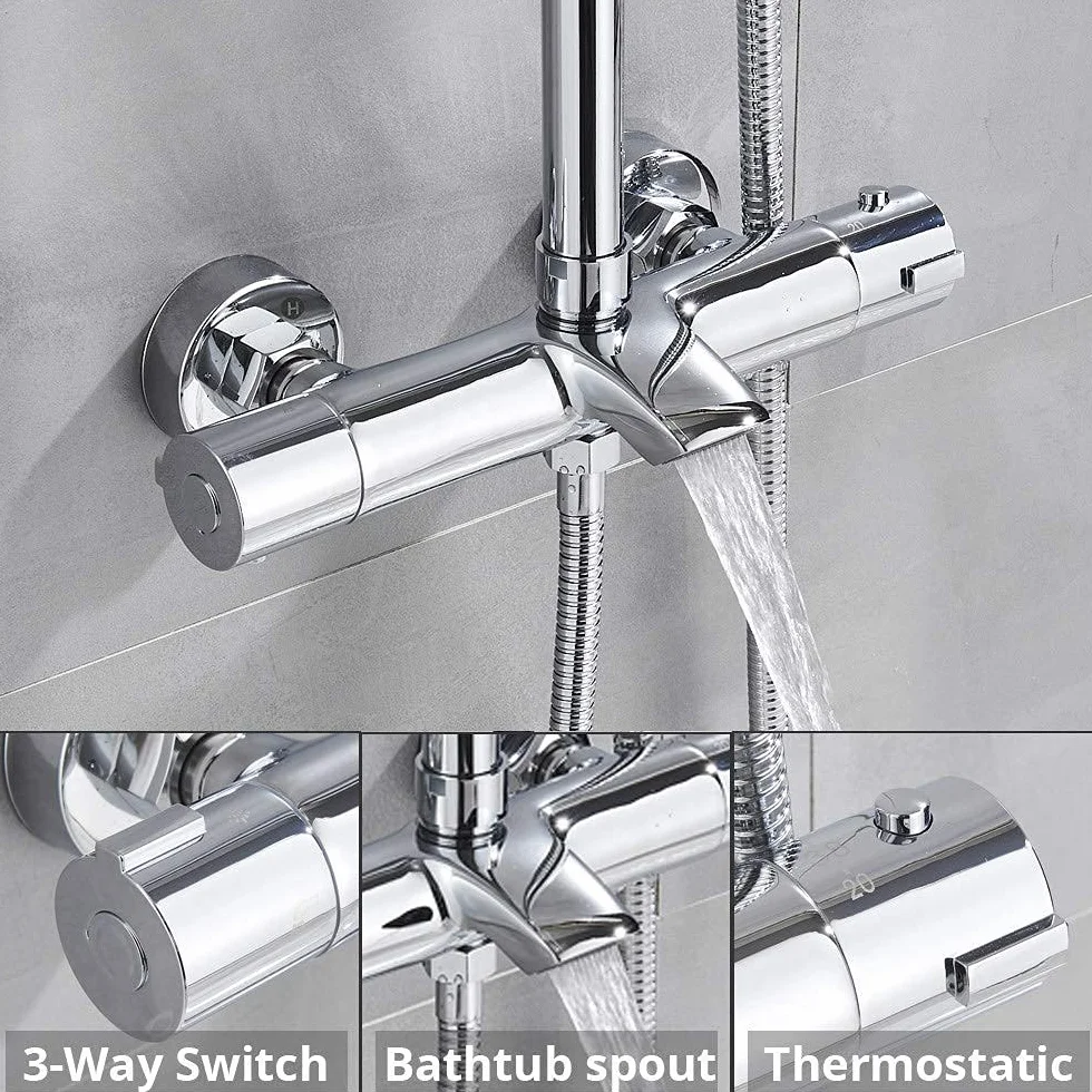 System prysznicowy Bateria łazienkowa Chrome Deszczownica Głowica termostatyczna do wanny Ścienna wanna Prysznic Mixer Tap Bateria prysznicowa Zestaw prysznicowy, termostatyczny chrom