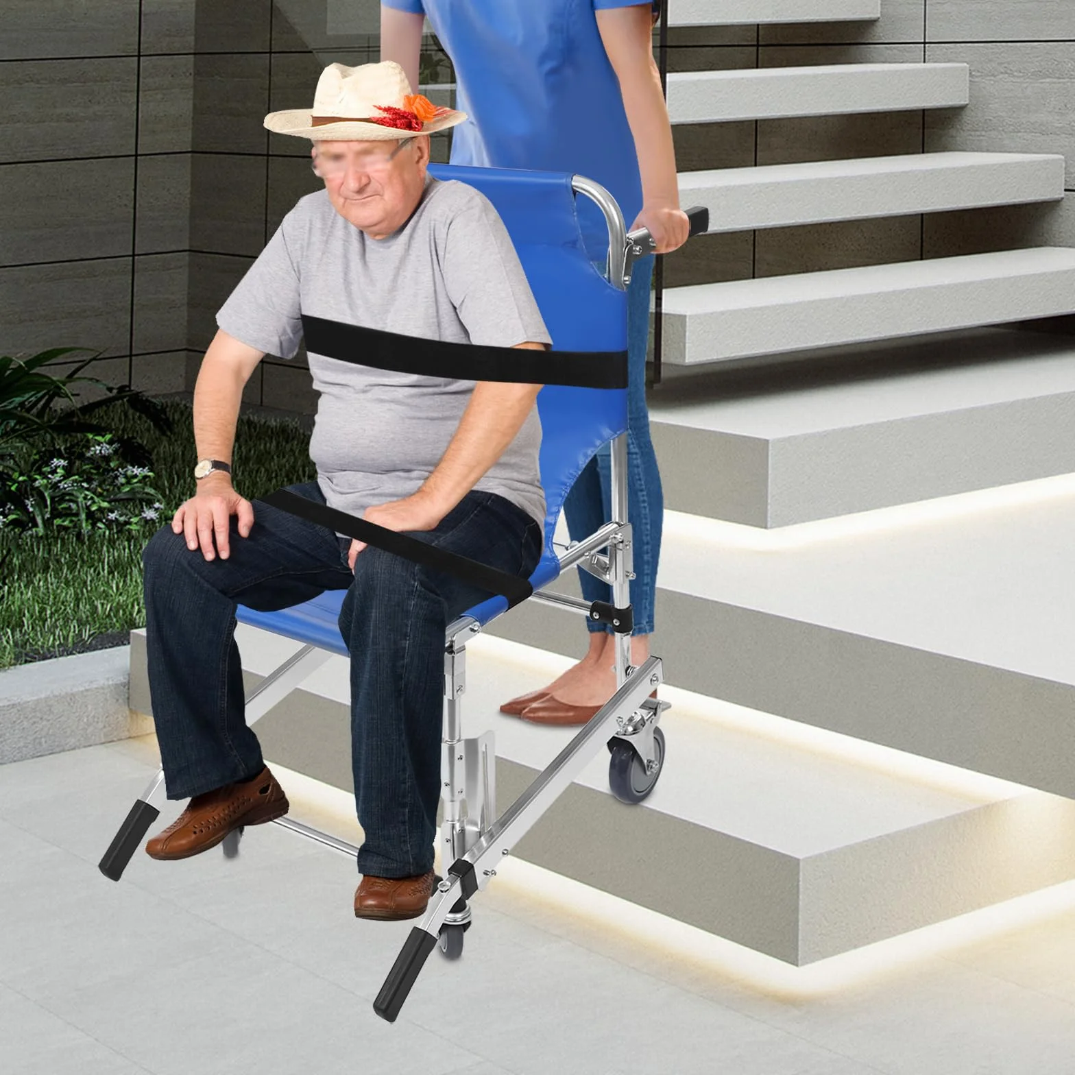 Krzesło schodowe składane aluminiowe dla seniorów z pasami bezpieczeństwa 160 kg