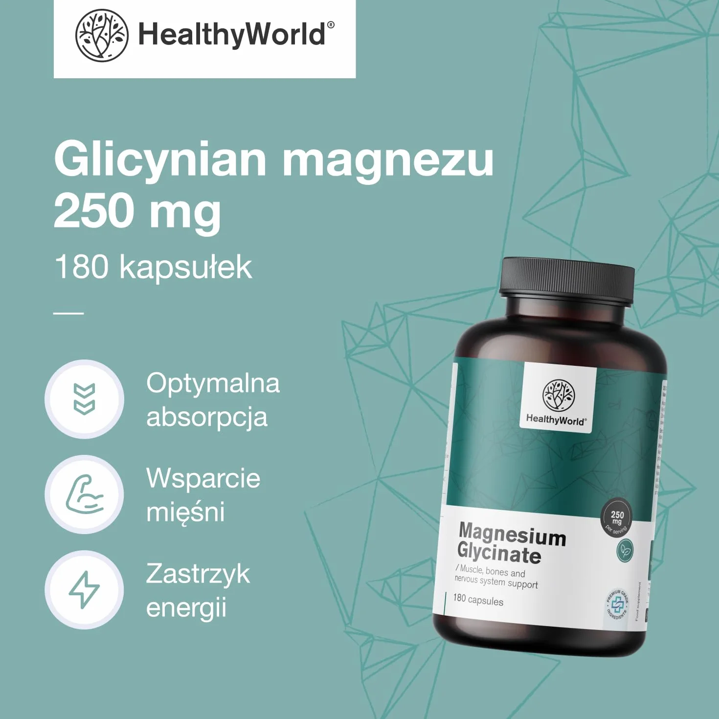 HealthyWorld Glicynian magnezu 250 mg - 180 kapsułek roślinnych - Na wzrost energii i wsparcie mięśni - Trening, kondycja i układ odpornościowy - 125 mg magnezu na kapsułkę - zapas na 3 miesiące