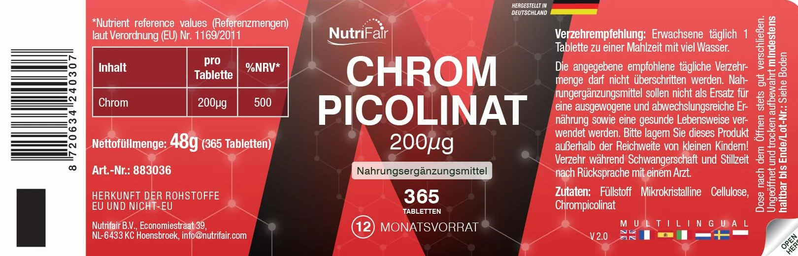 Pikolinian chromu 200μg – 365 tabletek – *normalny poziom cukru we krwi – wysoka dawka – 100% wegański – produkcja i badania laboratoryjne w Niemczech – NutriFair | Premium & Fair