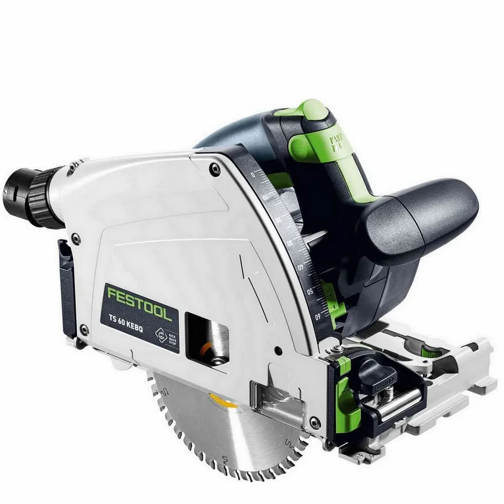 Festool TS 60 KEBQ Plus-FS zagłębiarka z prowadnicą – precyzyjna piła do czystego cięcia, KickbackStop, 1600 W, kąt ukośny, w zestawie akcesoria w systemie Systainer | W zestawie prowadnica FS 1400/2, Systainer, brzeszczot piły tarczowej i akcesoria - pre
