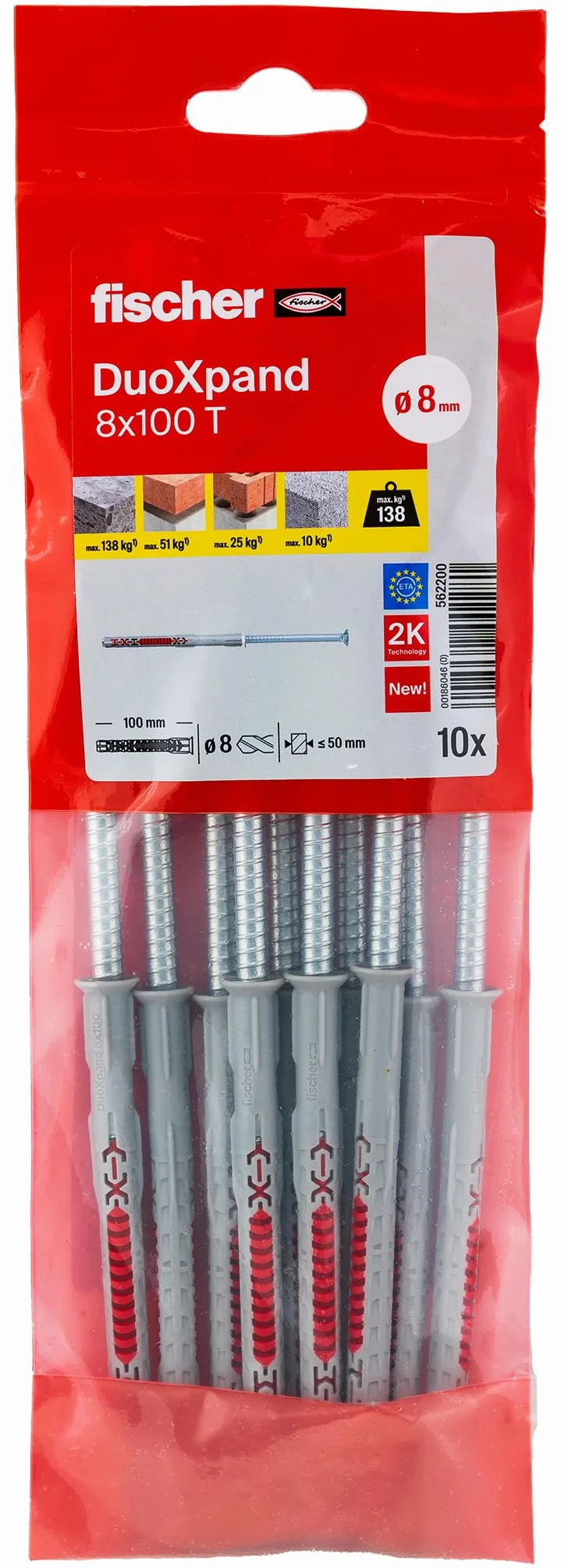 fischer DuoXpand 8 x 100 T, wysokiej jakości uniwersalne kołki rozporowe z ocynkowaną śrubą z łbem wpuszczanym (10 szt.), kołki do mocnego trzymania, idealne do porowatych materiałów budowlanych i