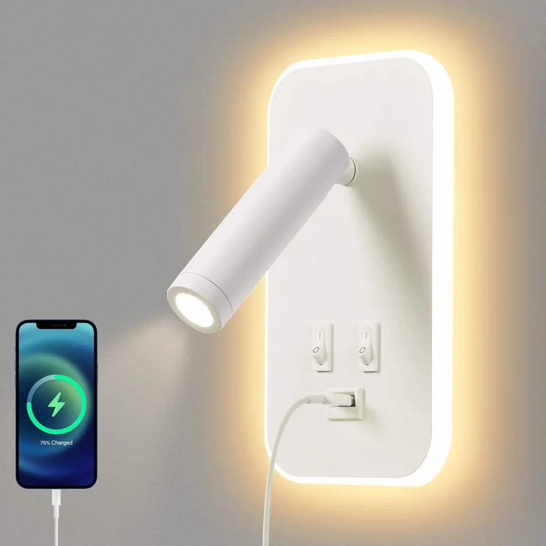 LED Kinkiet, z Przełącznikiem, z portem ładowania USB, 350°Obrotowa Lampka Nocna Nowoczesna Lampa do Czytania Lampa Ścienna Ciepłe Białe Światło 3W 3100K+9W 6000K do sypialni, nauka (Biały)