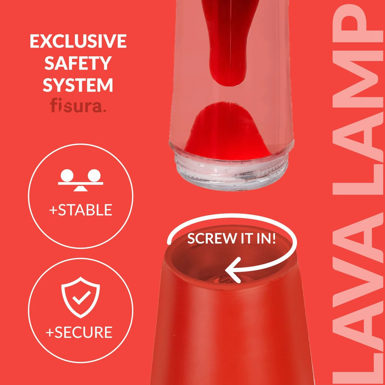 Fisura – Lampa z lawą czerwona. Podstawa i lawa w kolorze czerwonym z przezroczystym płynem. Lampa relaksacyjna z zapasową żarówką. 11 cm x 11 cm x 39,5 cm.