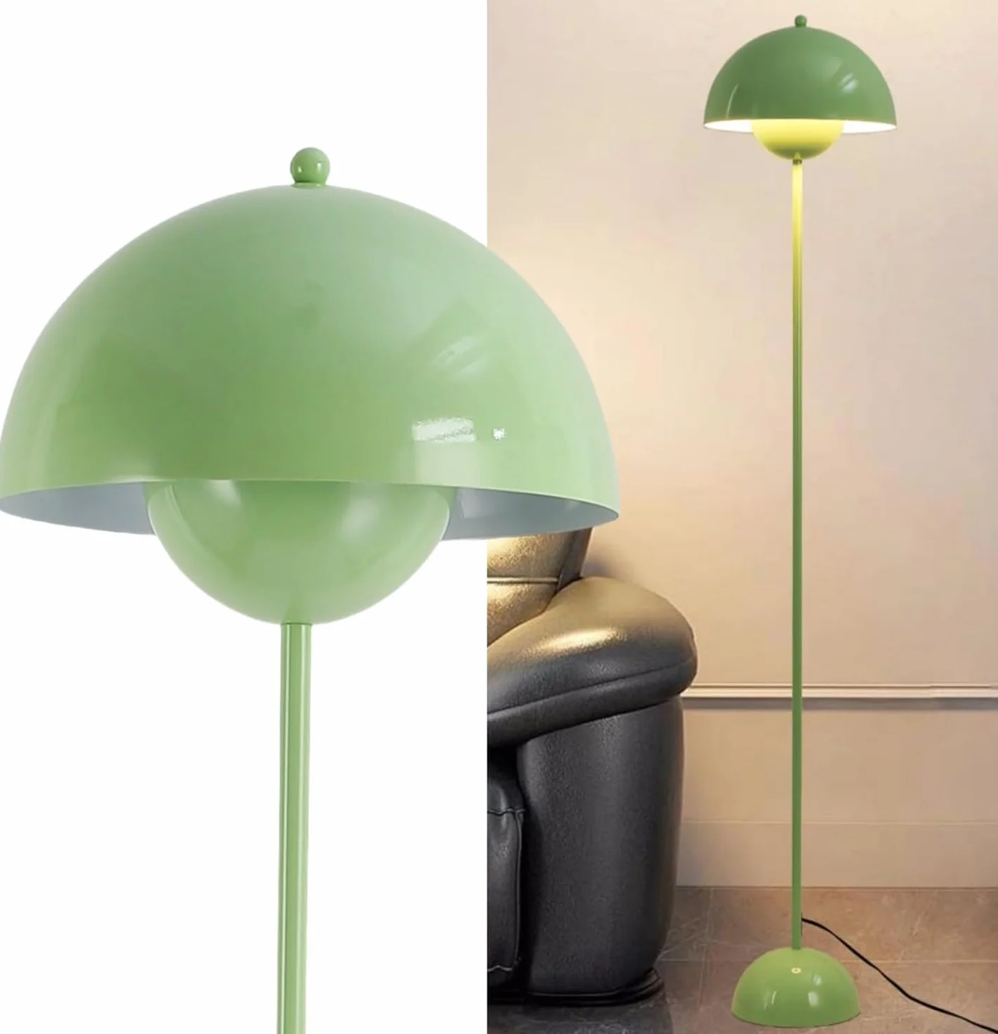 Alpinaluz SHAROM lampa stojąca z zielonej stali z parabolicznym kloszem inspirowana klasykami nordyckiego wzornictwa, idealna do salonu i jadalni, oprawka E27