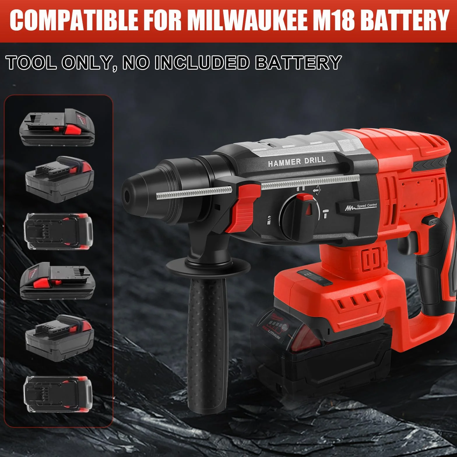 Akumulatorowa wiertarka udarowa kompatybilna z akumulatorem Milwaukee 18 V, bezszczotkowa wiertarka udarowa SDS Plus 2,6 J z 4 trybami i 5 wiertłami, uchwyt pomocniczy 360° (bateria nie jest dołączona