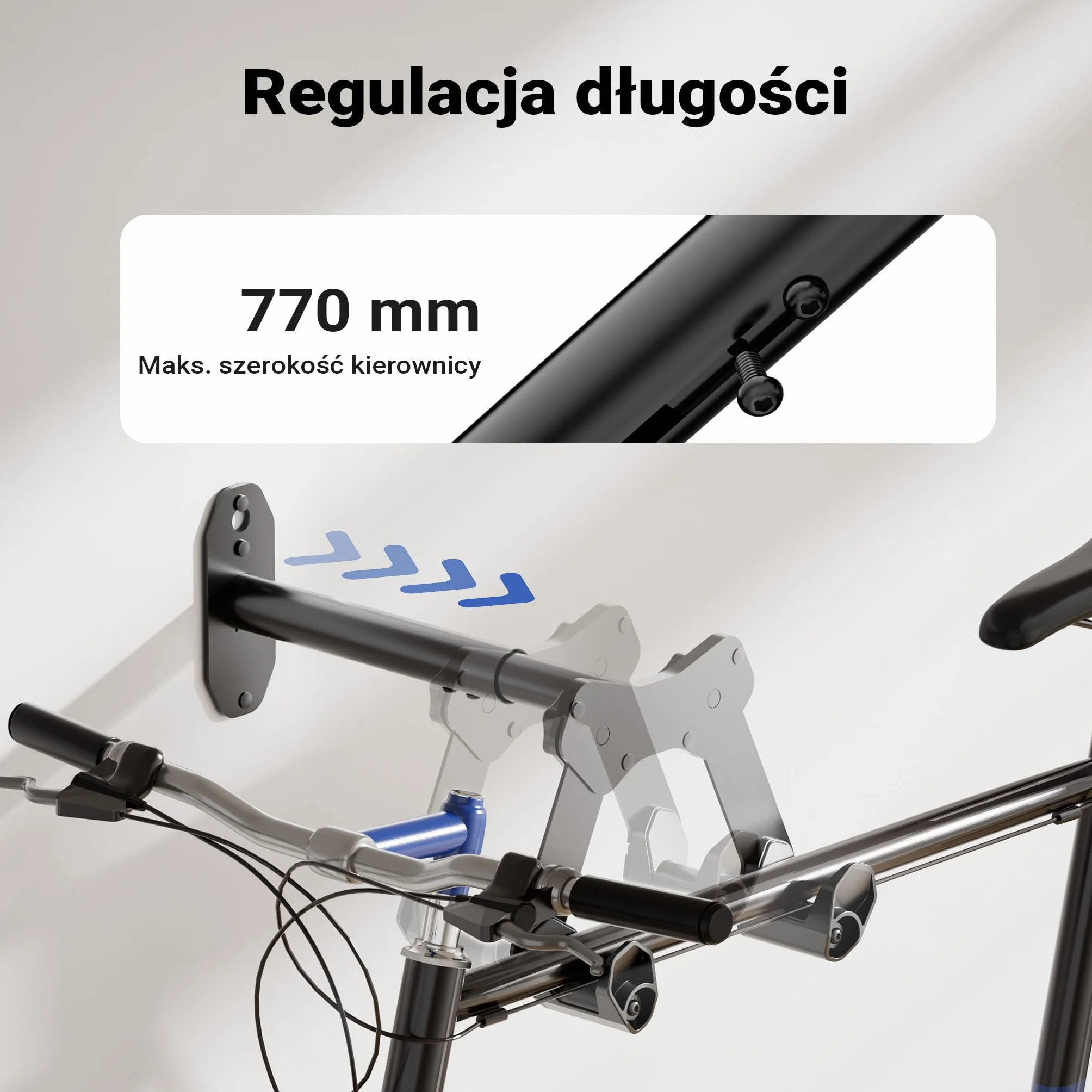 Wiltec Uchwyt naścienny na rower, z regulowaną szerokością do kierownicy maks. 77 cm, ze stali, wieszak rowerowy do 25 kg nośności z paskiem na koło