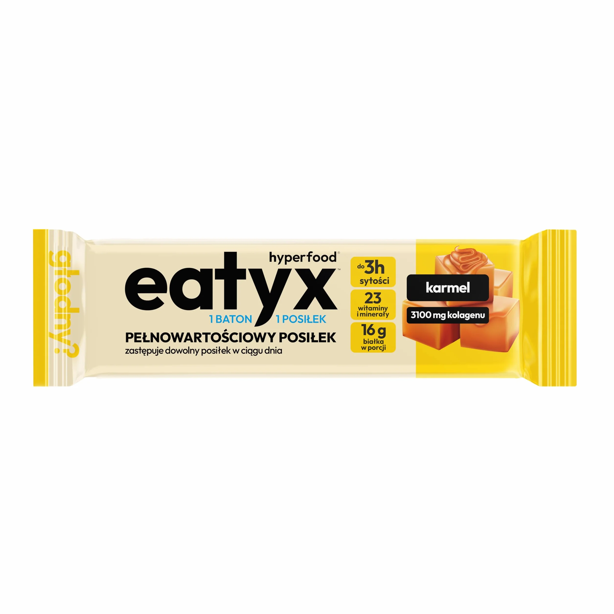eatyx Baton Karmelowy I Pełnowartościowy Posiłek w Formie Batona I 60g I Źródło 3100 mg kolagenu I Bez cukru i konserwantów I Bez glutenu