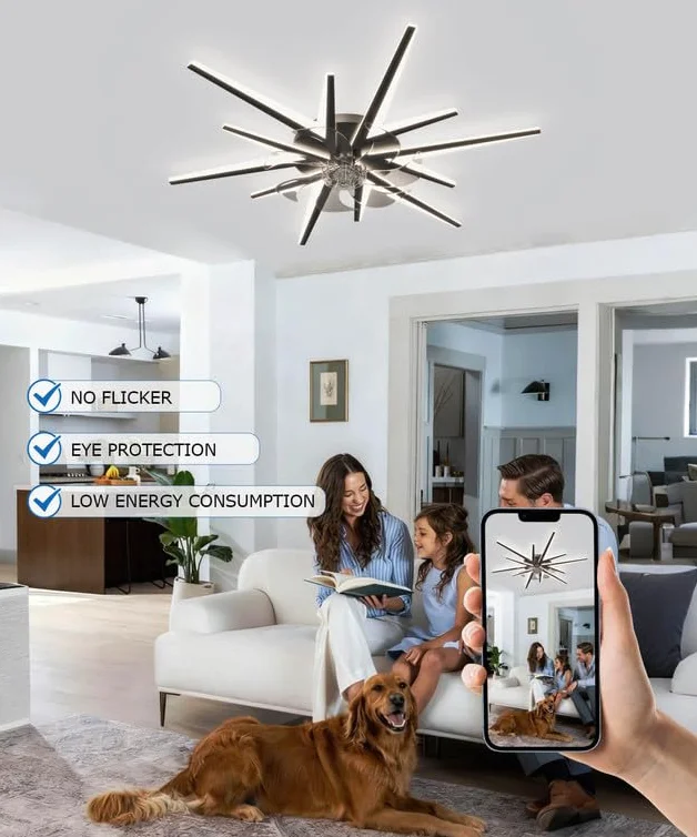 LJX Inteligentny wentylator sufitowy ze światłem, 91 cm, współpracuje z Alexa DC, ściemniany wentylator LED z pilotem zdalnego sterowania, 2,4 G, WiFi, cichy, odwracalny, nowoczesny design, do