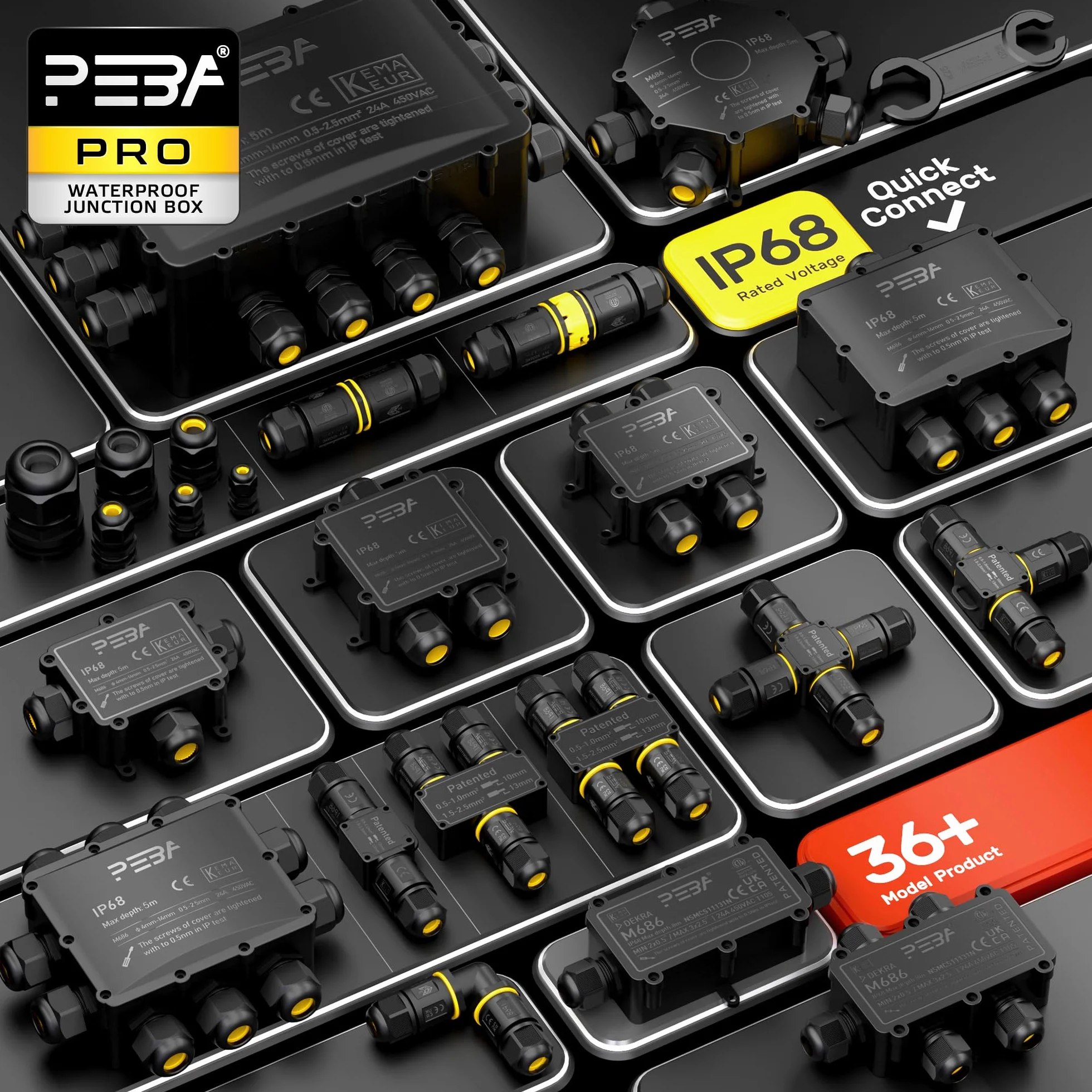 PEBA® Puszka przyłączeniowa, Zewnętrzna Wodoszczelna skrzynka rozgałęźna IP68 7-drożne Wodoodpornych puszek rozgałęźnych, Wodoodporne złącze kablowe,na Ø4-14mm ogrodu przyłączeniowa, Czarny