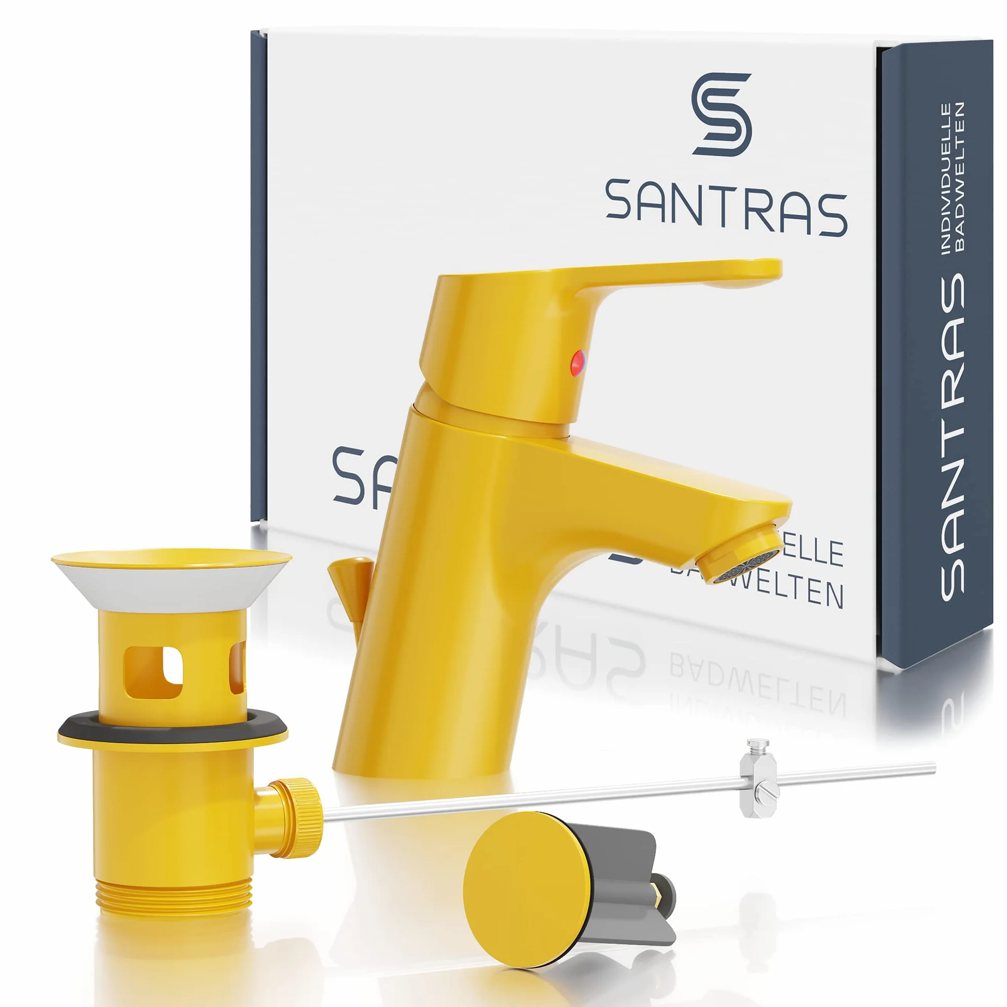 SANTRAS® Bateria umywalkowa do łazienki z mimośrodowym zestawem odpływowym i drążkiem w kolorze żółtym - jednouchwytowa bateria mieszająca ciepła zimna do otworu umywalka kran MADE IN GERMANY