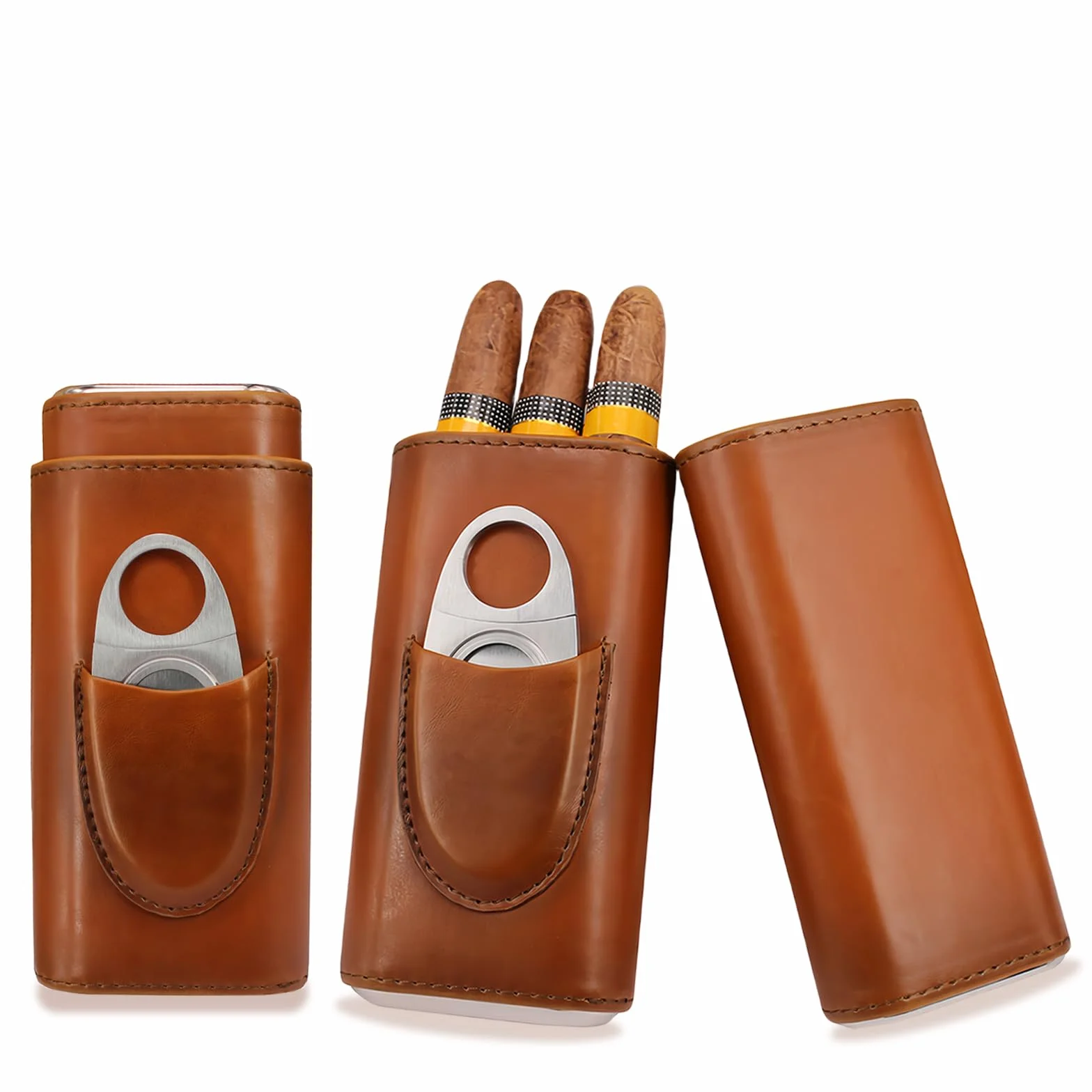 Skórzane etui na cygara 3 sztuki humidor z krajalnicą drewno cedrowe