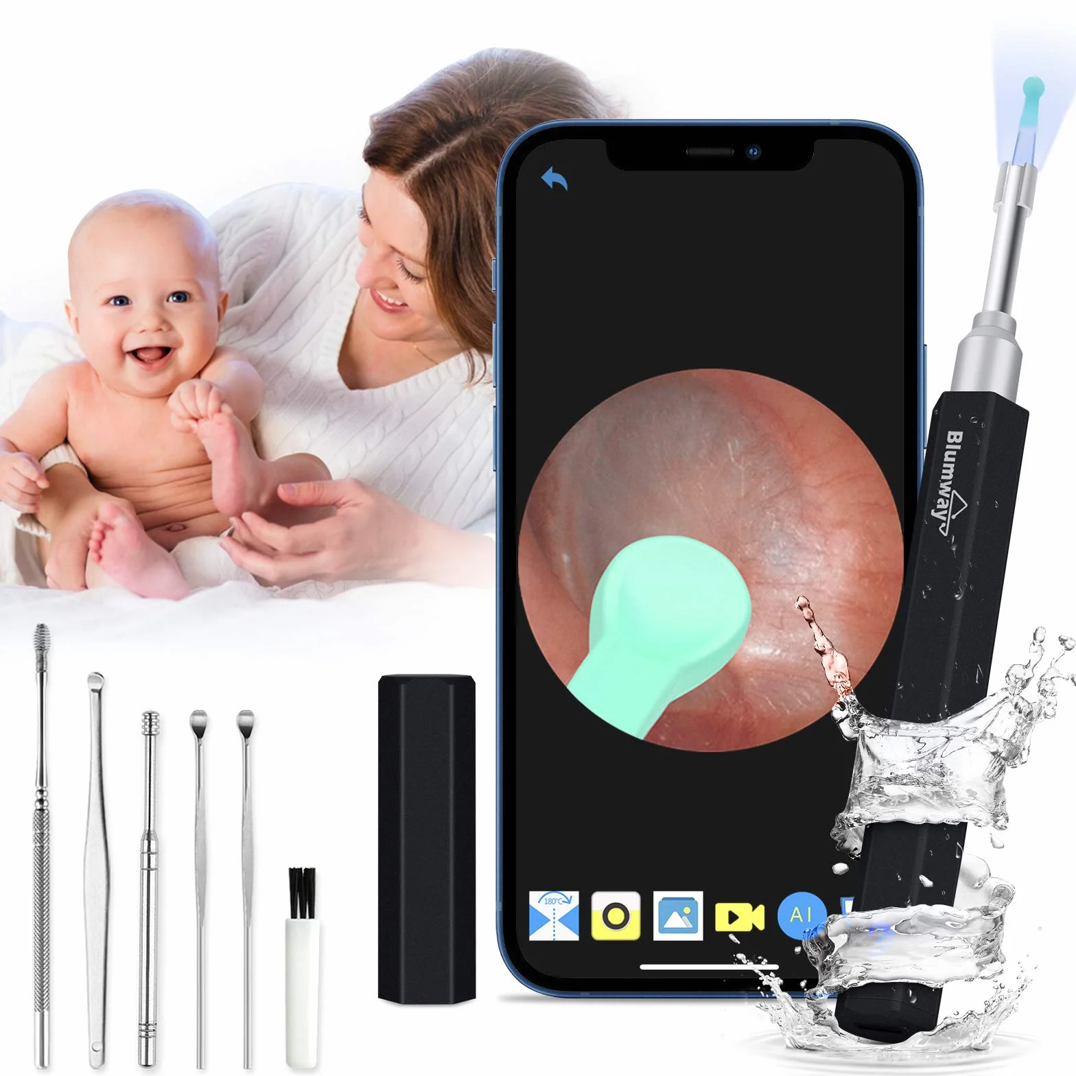 BlumWay Otoskop do ucha z WiFi 3,5 mm 1080p HD endoskop, urządzenie do czyszczenia uszu z 6 diodami LED, czyszczenie uszu, środek do usuwania woskowiny usznej, dla dzieci i dorosłych, z iOS, Android (czarny)