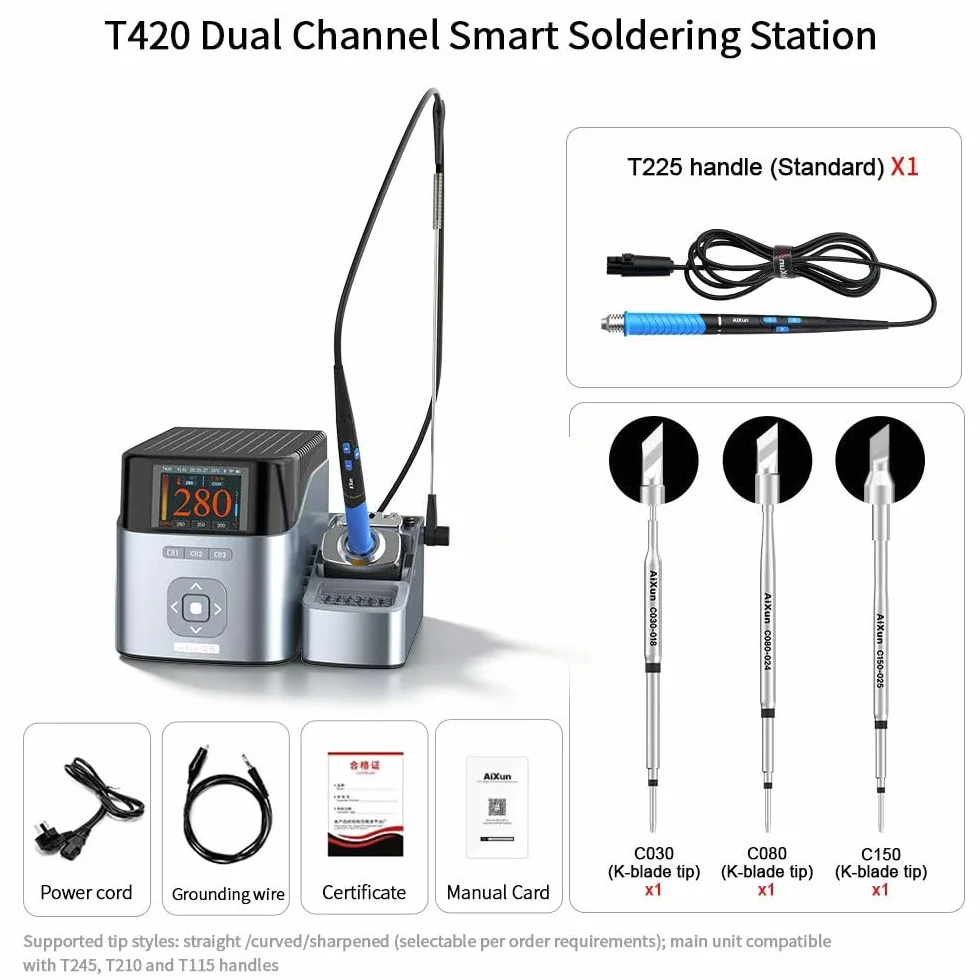 AiXun T420 dwukanałowa inteligentna stacja lutownicza 200 W, zestaw lutownicy elektrycznej 2 w 1 z uchwytem T225 i 3 końcówkami K do lutowania (C030, C080, C150)