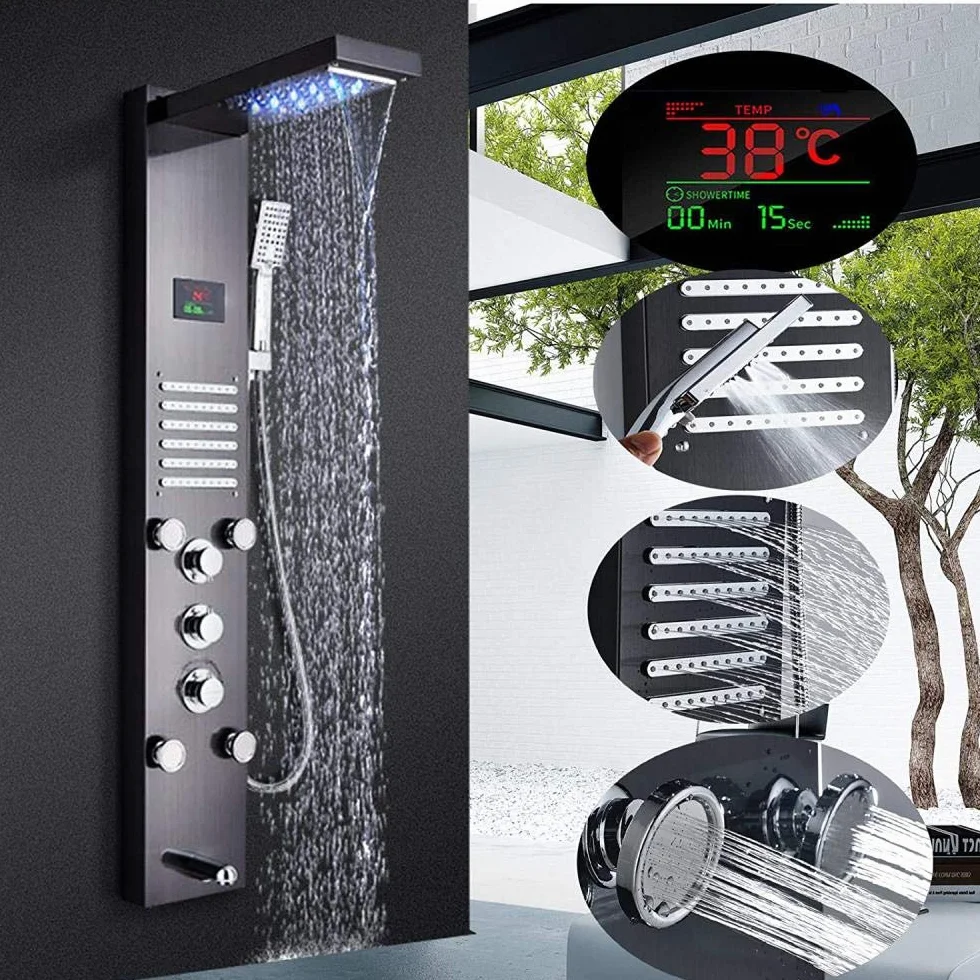 Czarny system prysznicowy bateria prysznicowa z wyświetlaczem temperatury wody LED zestaw prysznicowy z wodospadem głowica prysznicowa prysznic ręczny i dysza do masażu ciała do łazienki