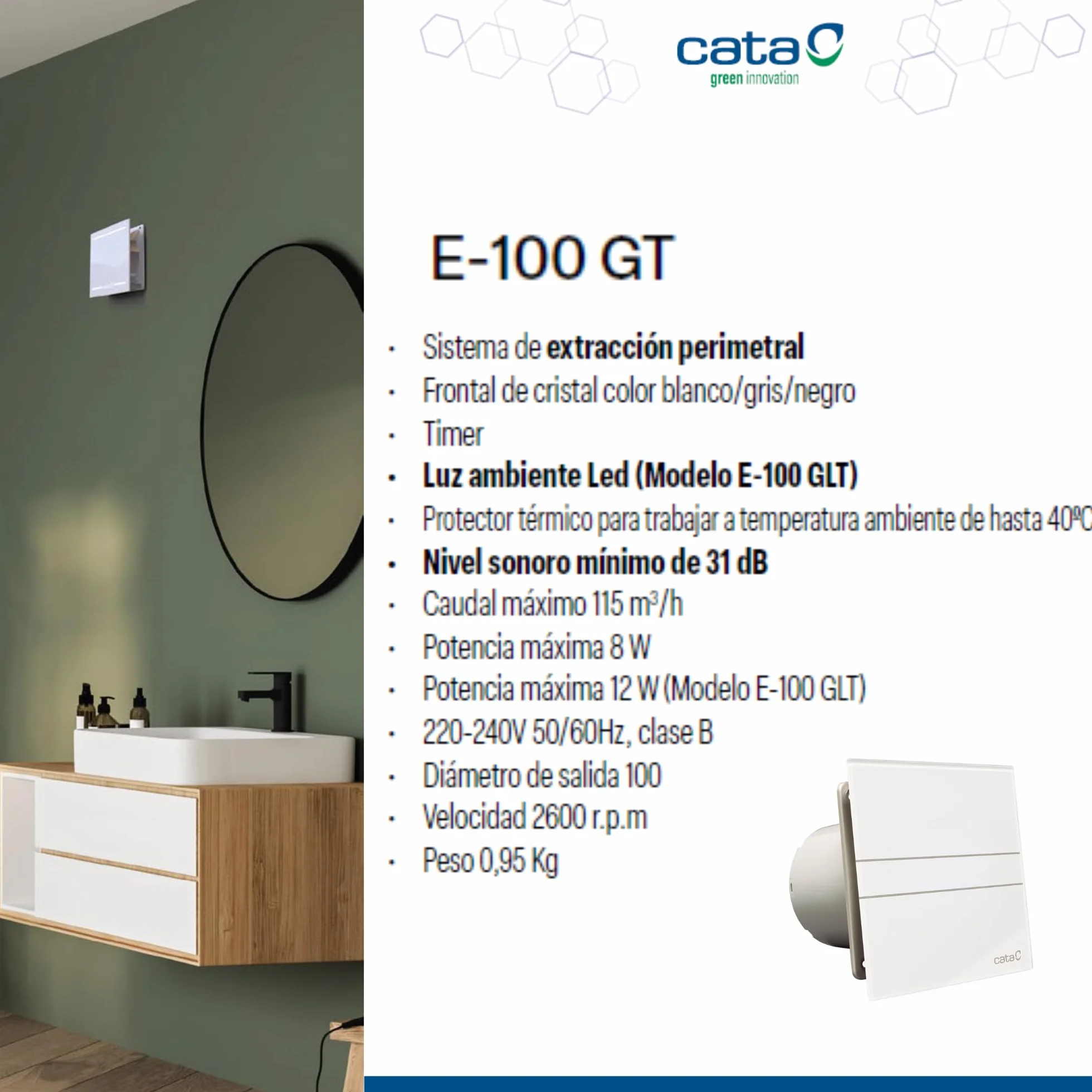 E-100 GT - wentylator wyciągowy łazienkowy - seria E - szklany front - białe szkło - z wyłącznikiem czasowym - klasa energetyczna B - cichy wentylator wyciągowy łazienkowy - szerokość 15 cm - Cata
