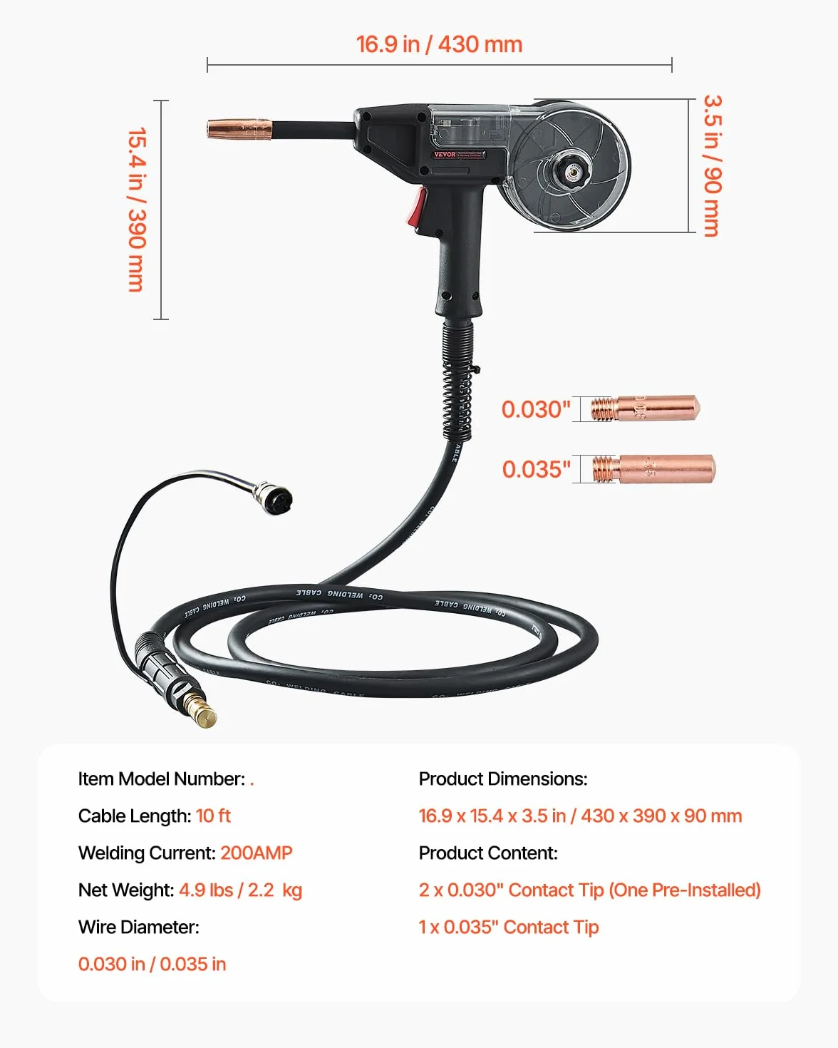VEVOR Pistolet szpulowy z kablem 3 m 200 A, kompatybilny ze spawaczami MIG W Weldpro MlG200GDsv200 MIG155GD, do drutów spawalniczych, solidnych, aluminiowych 0,76 mm 0,89 mm, różne zadania