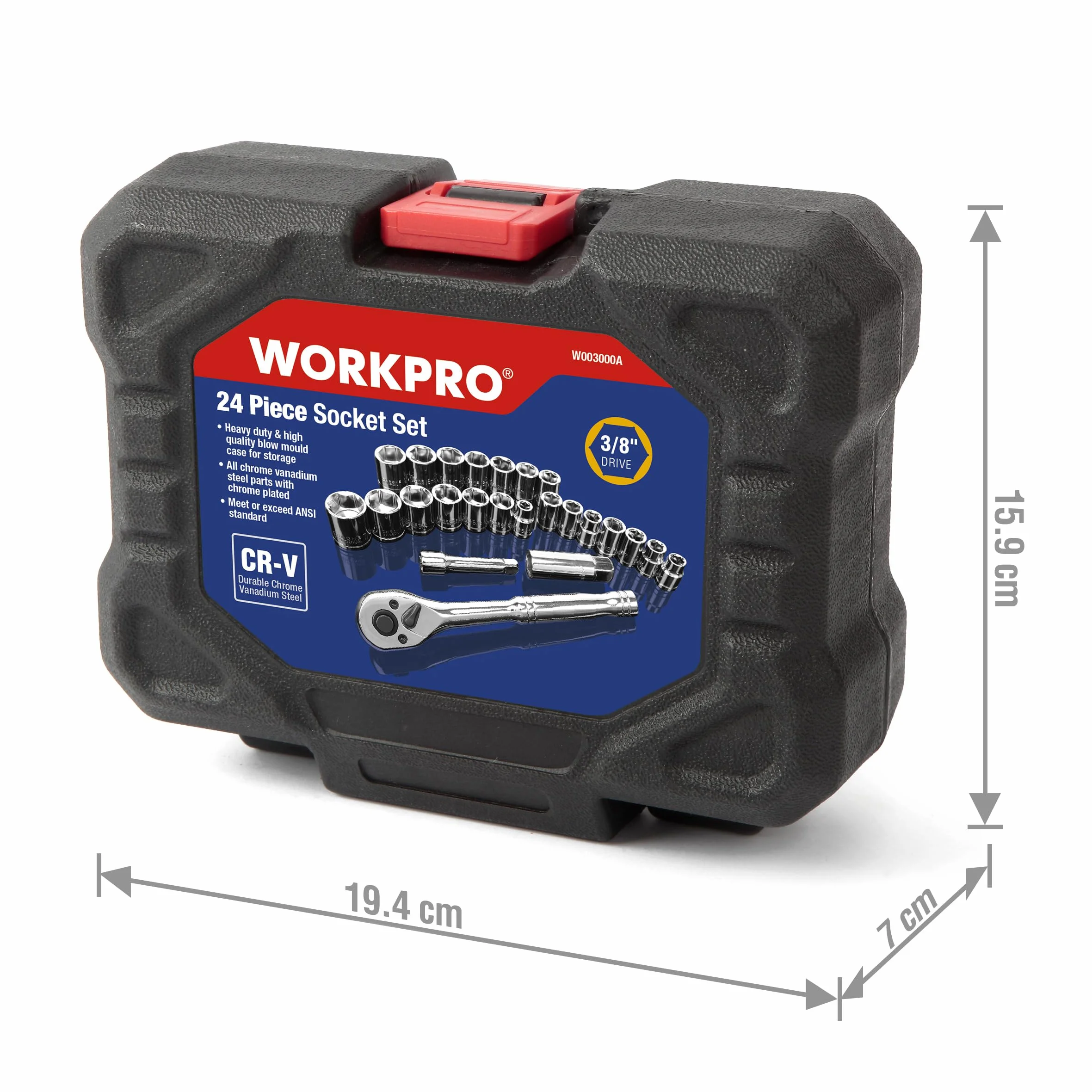 WORKPRO Zestaw nasadek nasadowych 3/8", klucz nasadowy z grzechotką, 11 szt. metrycznych i 10 szt. gniazd SAE, zestaw rachet do świec zapłonowych z formowaną obudową