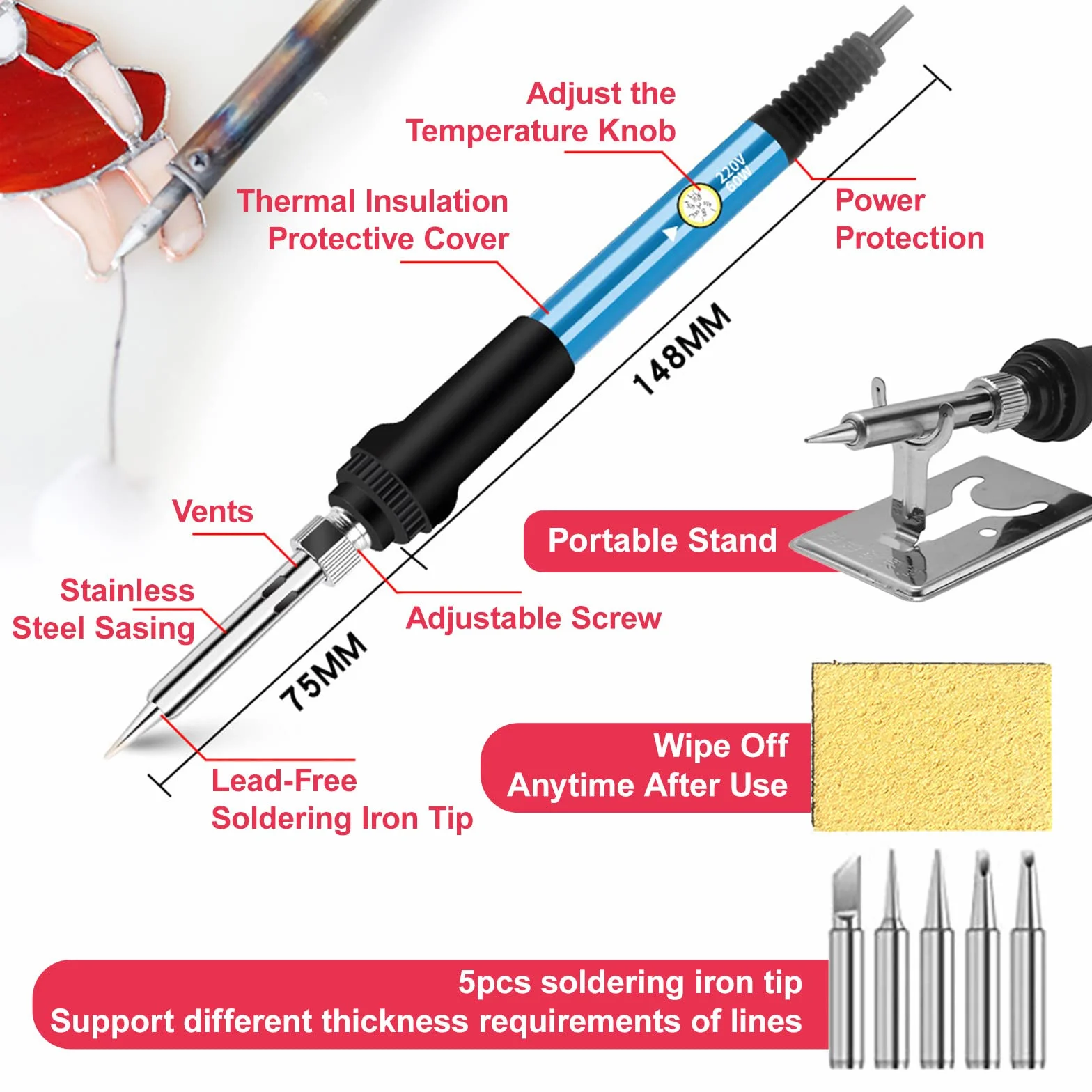 Zestaw startowy do witraży z młynkiem do szkła, narzędziem tnącym, lutownicą, taśmą z folii miedzianej, drutem lutowniczym i tulejkami na palce dla początkujących