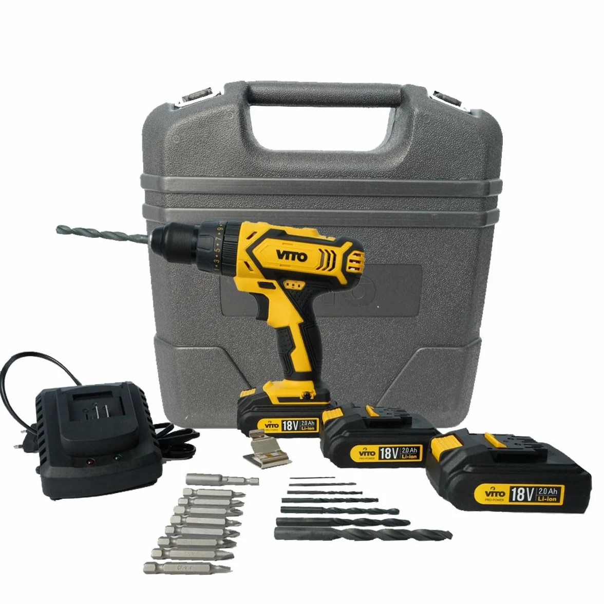 Wiertarka wkrętarka 18V VITOPOWER + 3 akumulatory LITHIUM 2.0 Ah walizka 18 akcesoriów