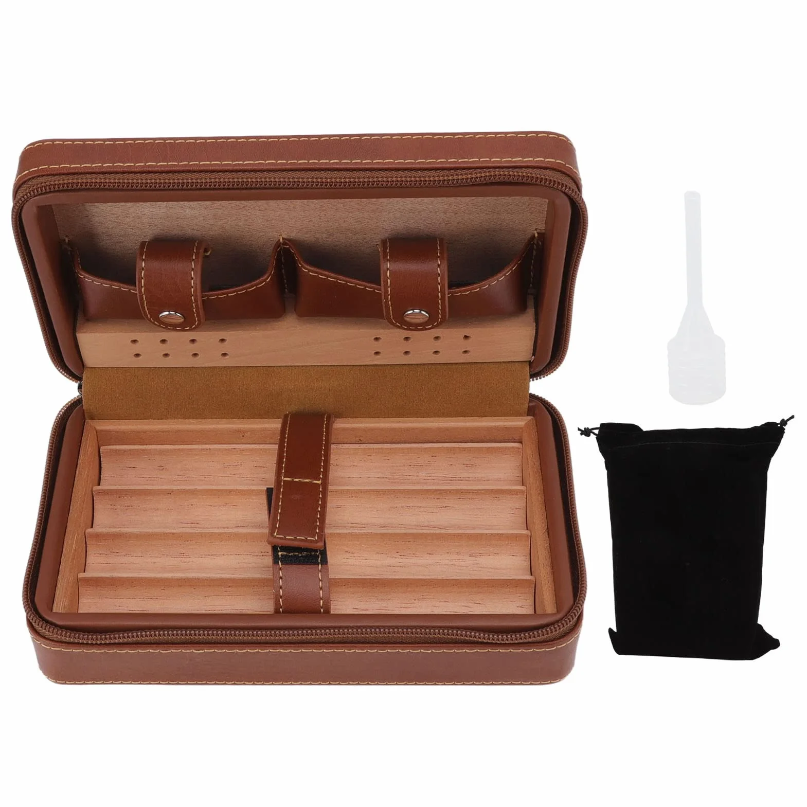 Travel Cigar Humidor Case, przenośne pudełko na cygara z nawilżaczem i dzielnikiem, Cedar Wood Leather Cigar Case Gift Set with Storage Bag, Suction Nozzle for Men Women, Holds up to 4 Cigars