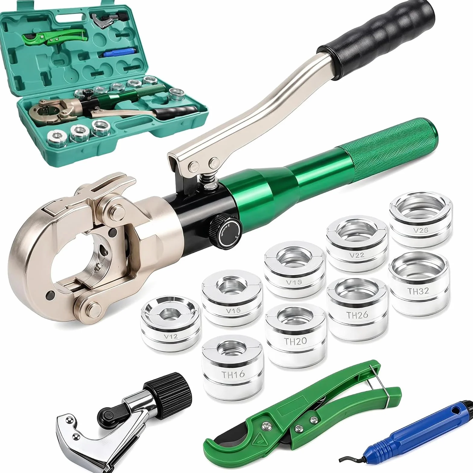 Hydrauliczne narzędzie do zaciskania z 9 matrycami, szczypce do rur | 5 szczęk w kształcie V (12-28 mm) i 4 szczęki w kształcie Th (16-32 mm), zaciska rury miedziane i PEX, do hydrauliki