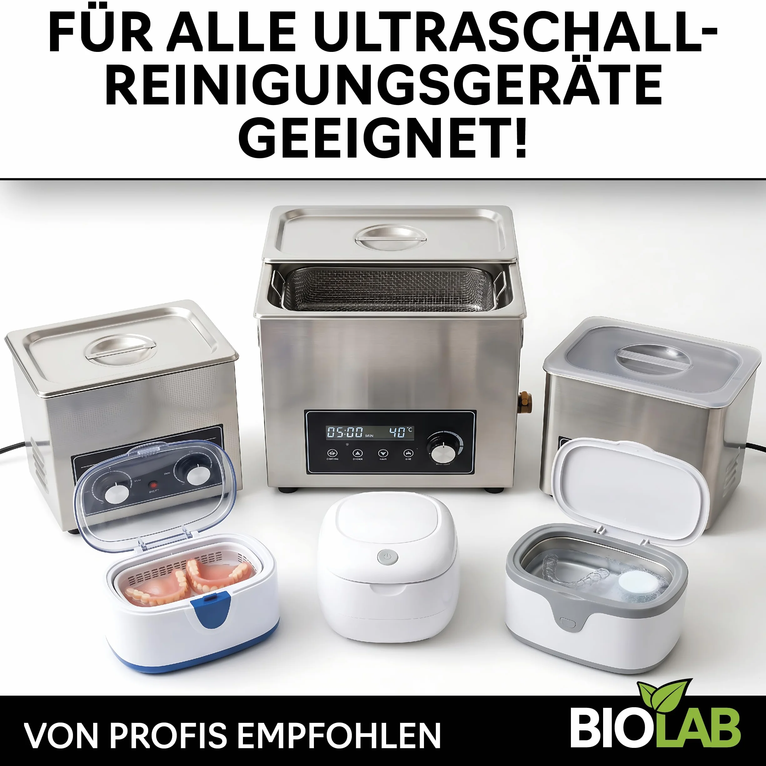 BIOLAB Koncentrat do czyszczenia ultradźwięków dentystycznych (750 ml) do czyszczenia protez, szyn dentystycznych i aparatów ortodontycznych – płyn do ultradźwiękowego urządzenia czyszczącego