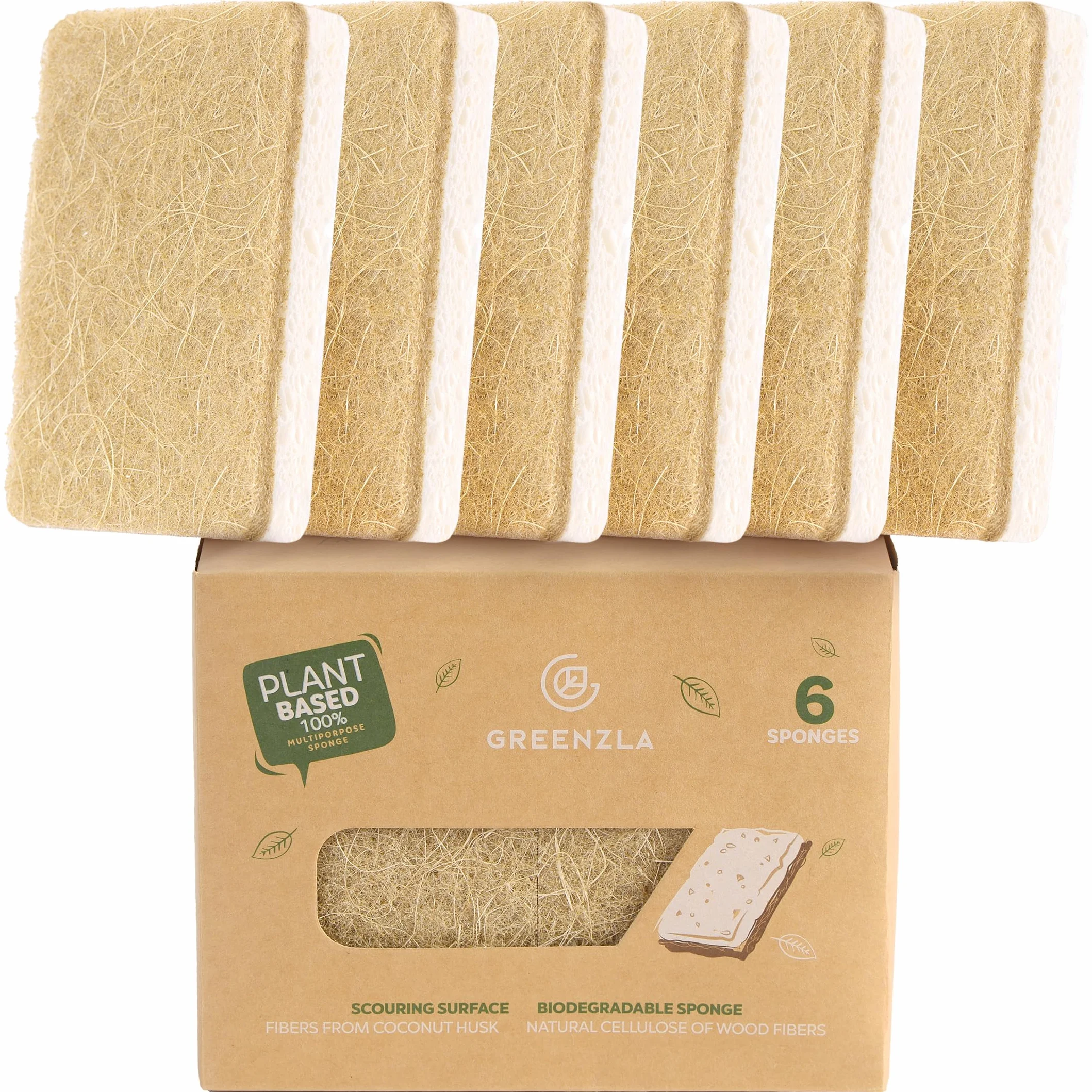 Greenzla Naturalne gąbki kuchenne, 6 sztuk, biodegradowalna gąbka sizalowa do naczyń z konopi, ekologiczna, bez zapachu, odporna na zarysowania podkładka do szorowania na blaty kuchenne, wanny, płytki