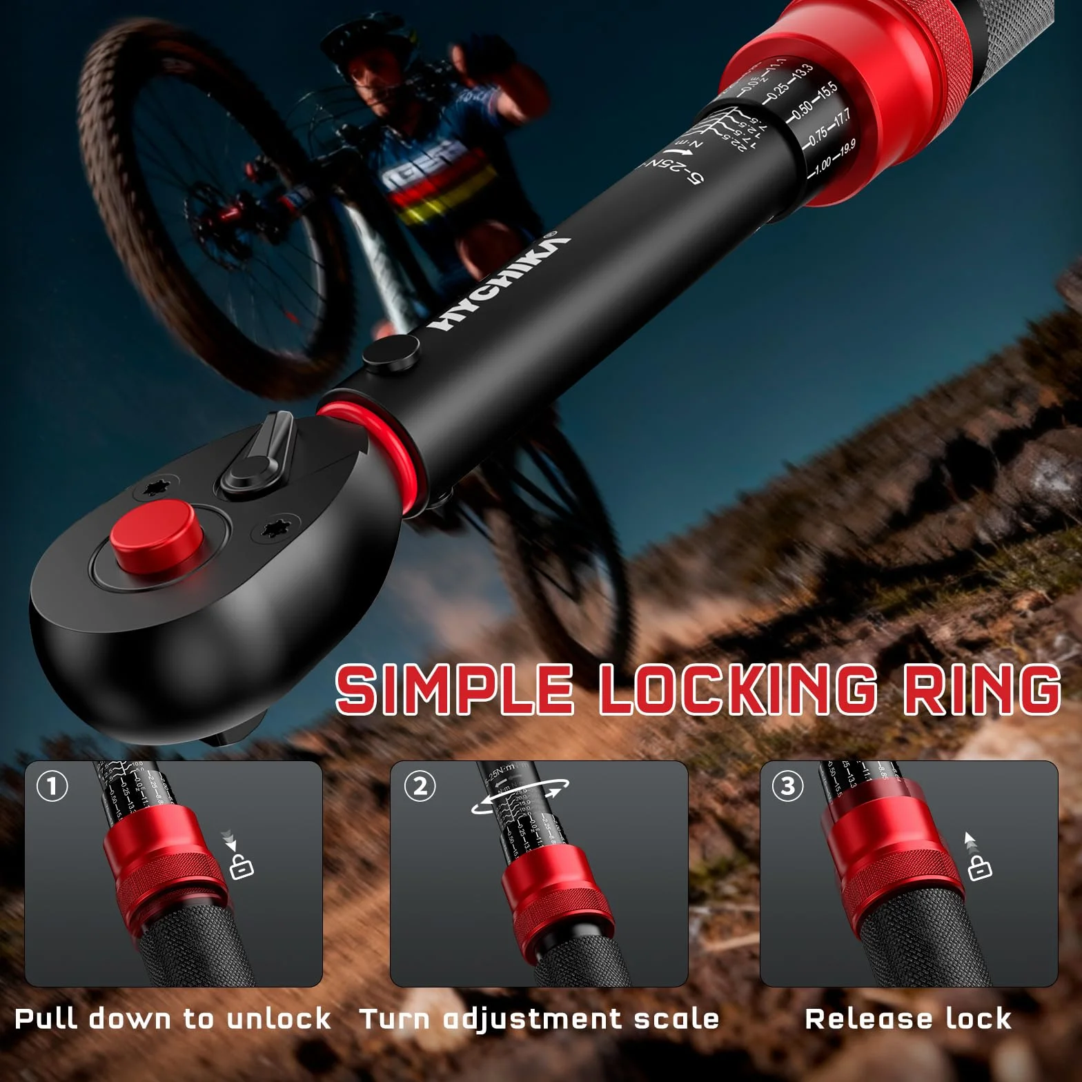 HYCHIKA 13-częściowy zestaw kluczy dynamometrycznych 1/4" 5-25 Nm, dokładność ± 2%, 72-zębowy klucz dynamometryczny do roweru z bitami i skrzynką do przechowywania.