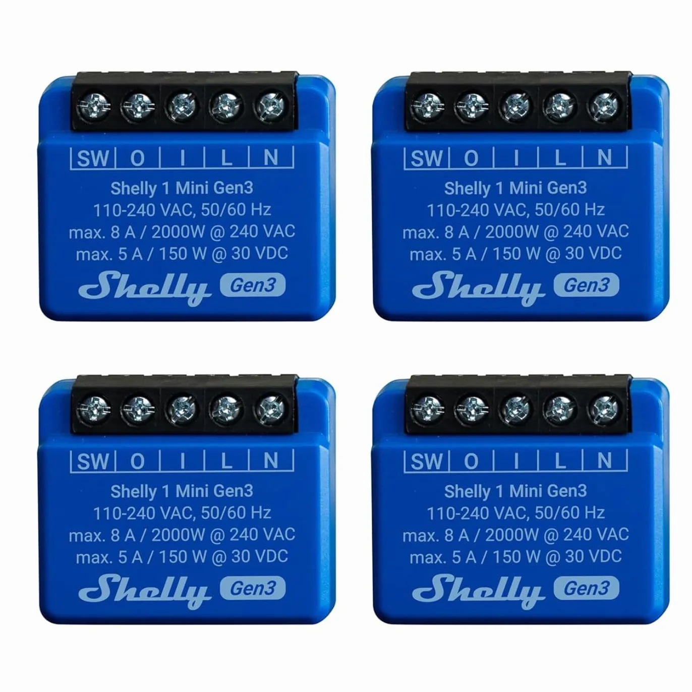 Shelly 1 x mini 3 generacji, 4-pak, WiFi i Bluetooth, 1 kanał 8 A, inteligentny przełącznik domowy, kompatybilny z Alexa i Google Home, aplikacja na iOS/Android, suche kontakty