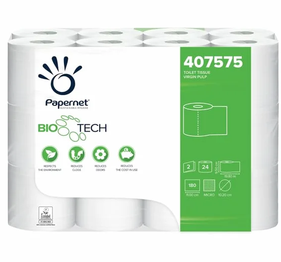 Papernet Bio Tech – papier toaletowy (407575s), 1 paczka z 24 rolkami z czystej celulozy, w naturalny sposób zwalcza bakterie chorobotwórcze, 2 warstwy, 180 arkuszy na rolkę