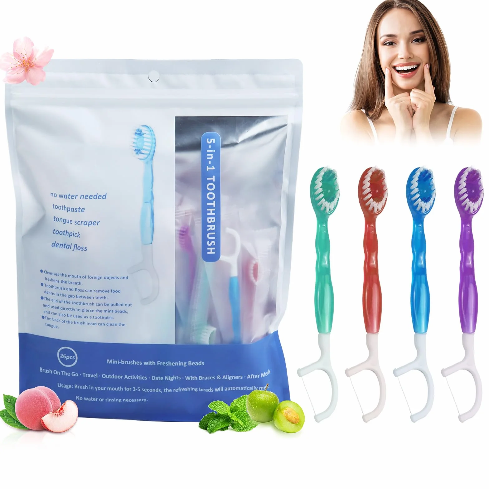 Mini szczoteczka do zębów, 26 sztuk, jednorazowe szczoteczki do zębów z pastą do zębów, 5 w 1, mała szczoteczka do zębów (nić dentystyczna, wstępnie zawiązana, świeży oddech, skrobak do języka