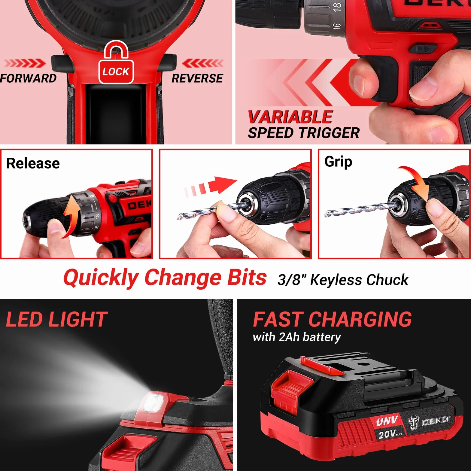 186-częściowy zestaw narzędzi z wkrętarką akumulatorową: DEKO Blue 20V Cordless Drill Toolbox Set, niezbędny zestaw narzędzi do konserwacji domu