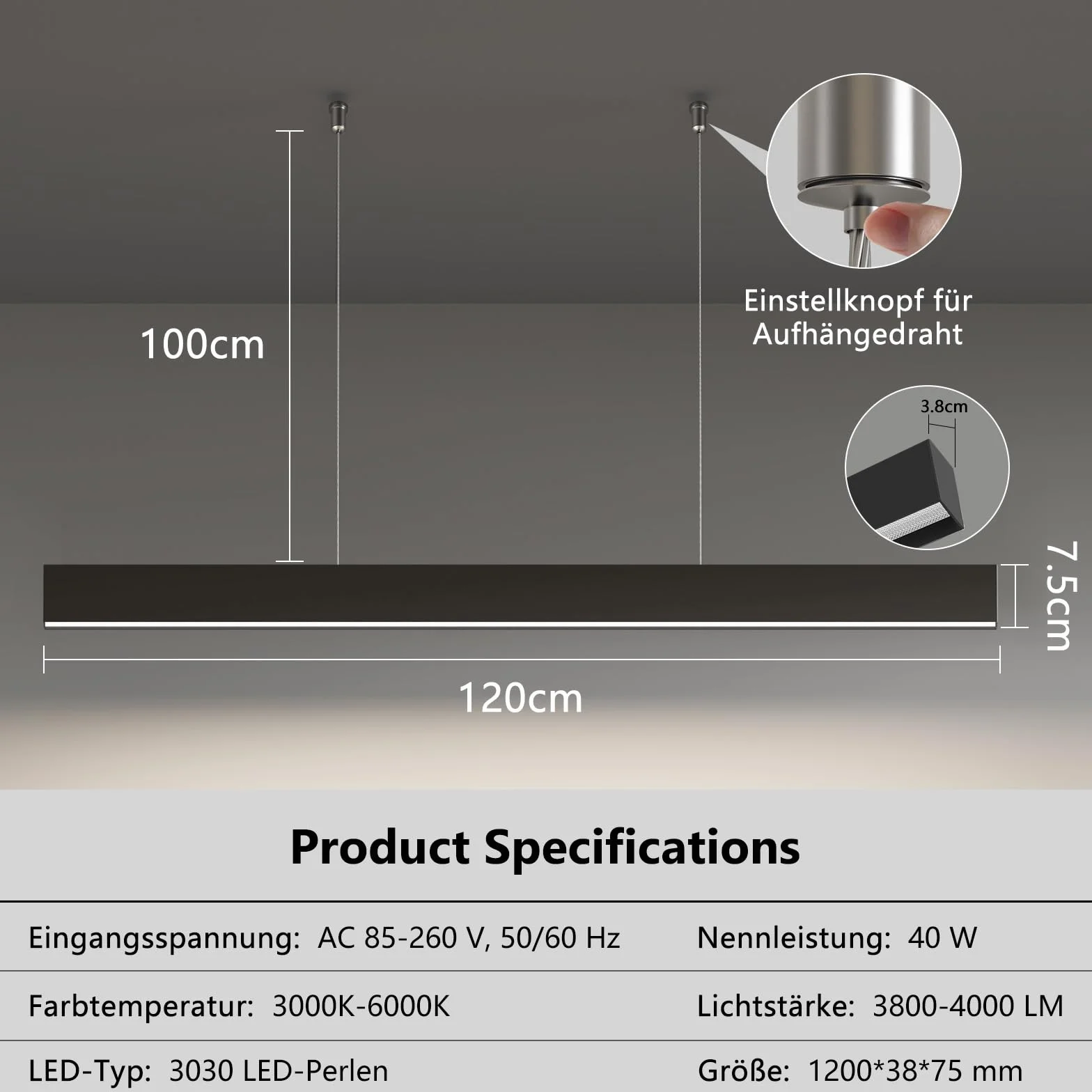 OOWOLF Lampa wisząca LED 40 W, ogniskowana 4000 K, miękkie białe światło, 120 cm, do biura, salonu, jadalni, garażu