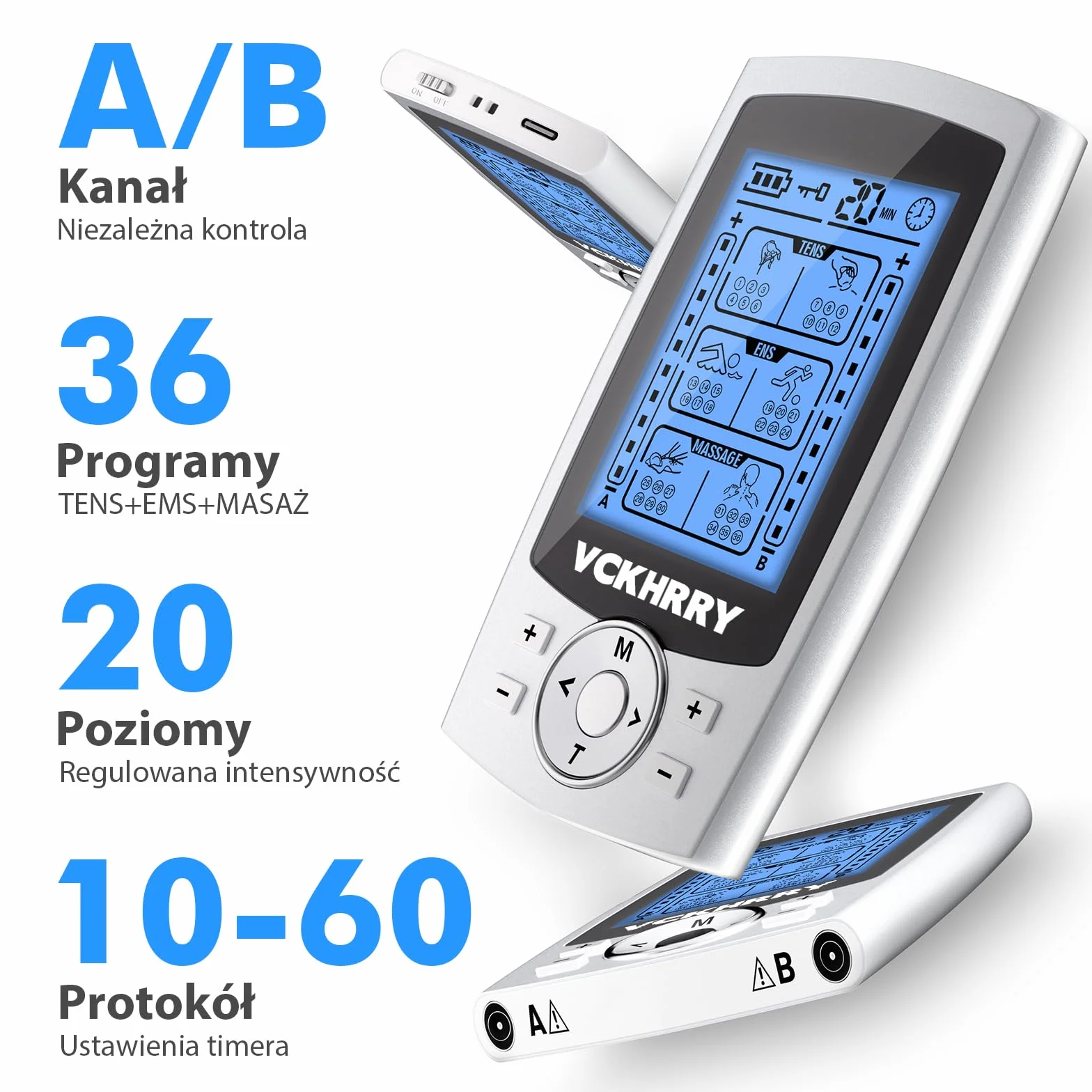 TENS EMS Urządzenie do Elektrycznej Stymulacji Mięśni 2 Kanały 36 Programów 10 Elektrod