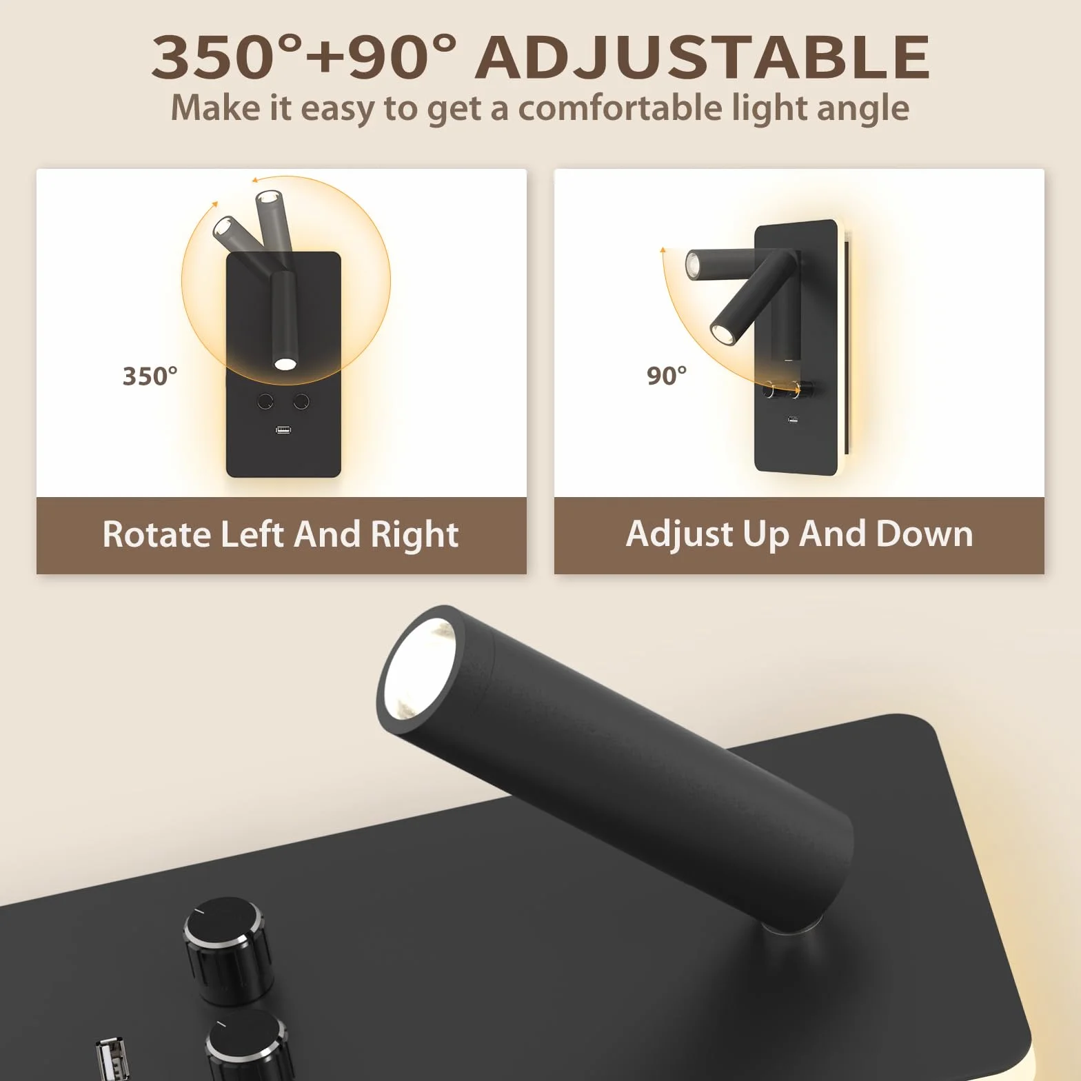 M04 Ścienna lampa do czytania z regulacją jasności (0,9-3,7W) - LED z podświetleniem 1,2-6W, port USB, do montażu na wtyczkę lub stałe podłączenie，Czarny