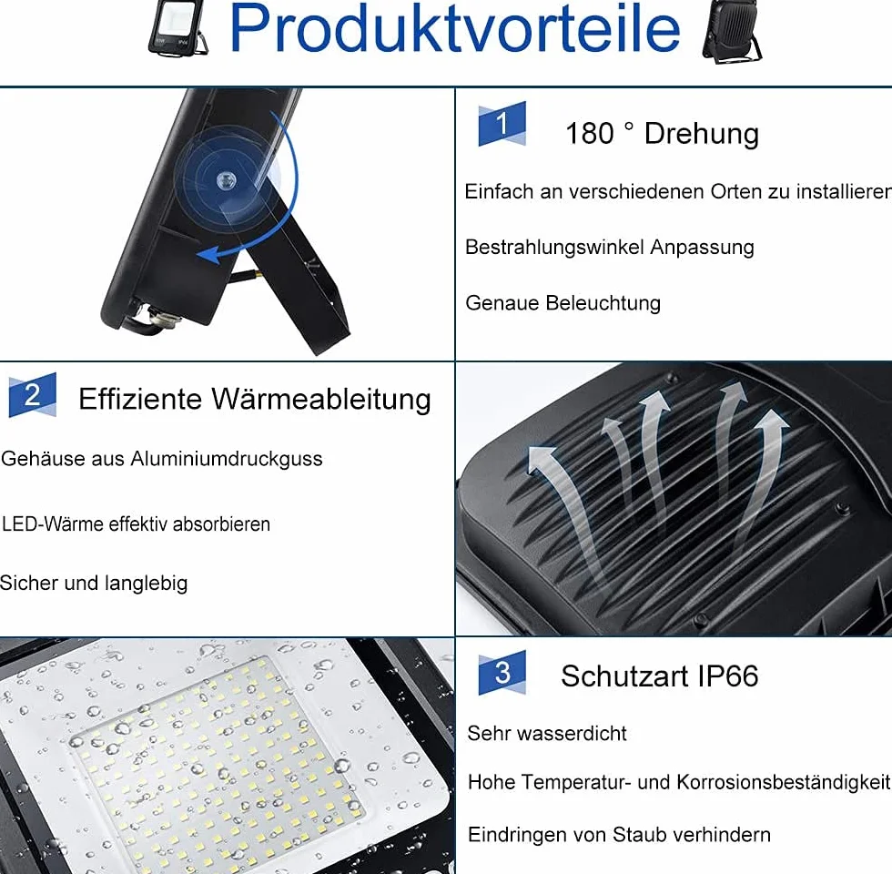 UISEBRT Reflektor LED 2 x 100 W, ciepła biel ze statywem, wodoodporna lampa robocza LED, IP66, do użytku wewnątrz i na zewnątrz, do garażu, ogrodu, na budowę (2 x 100 W zimna biel + statyw)