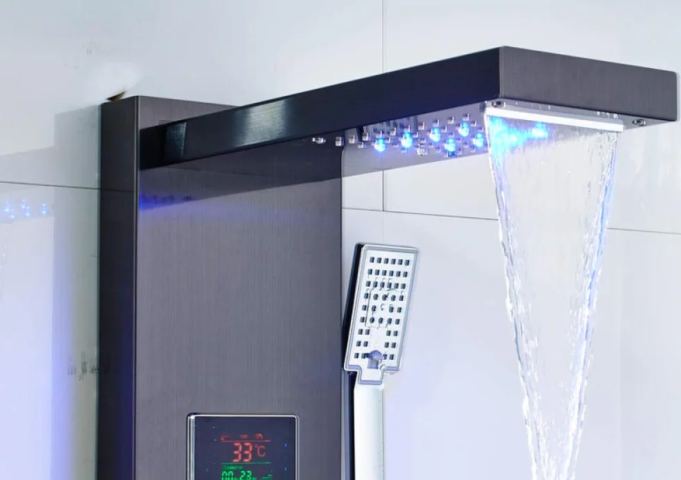 Panel prysznicowy ze światłem LED, kran, głowica prysznicowa typu wodospad, deszczownica, kolumna prysznicowa z dyszami do masażu SPA, cyfrowy wyświetlacz temperatury wody
