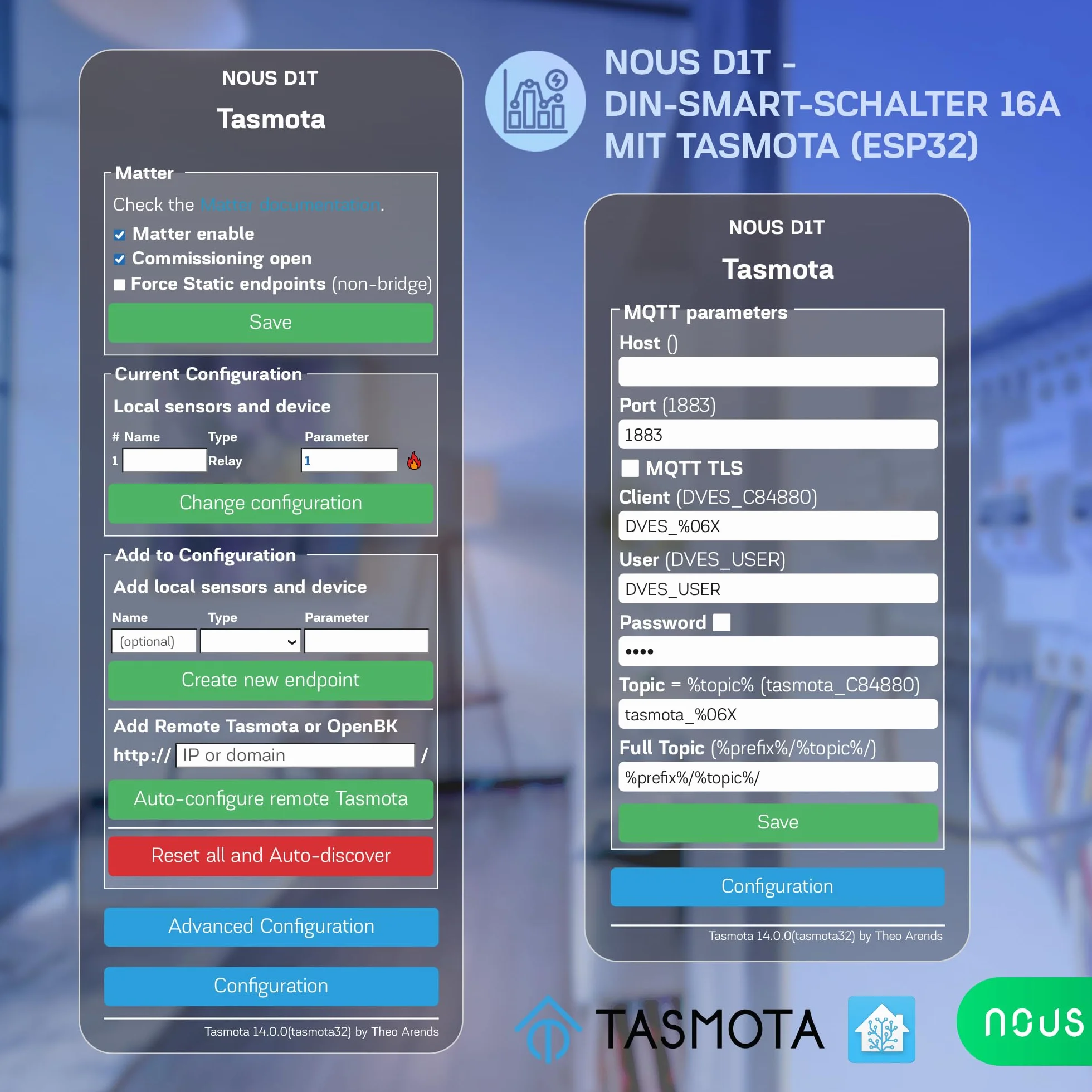 Nous Inteligentny przełącznik DIN 16 A z Tasmota (ESP32), monitorowanie energii, kompatybilny z MQTT, Home Assistant, Matter, sterowanie głosem za pomocą Alexa, Google Assistant