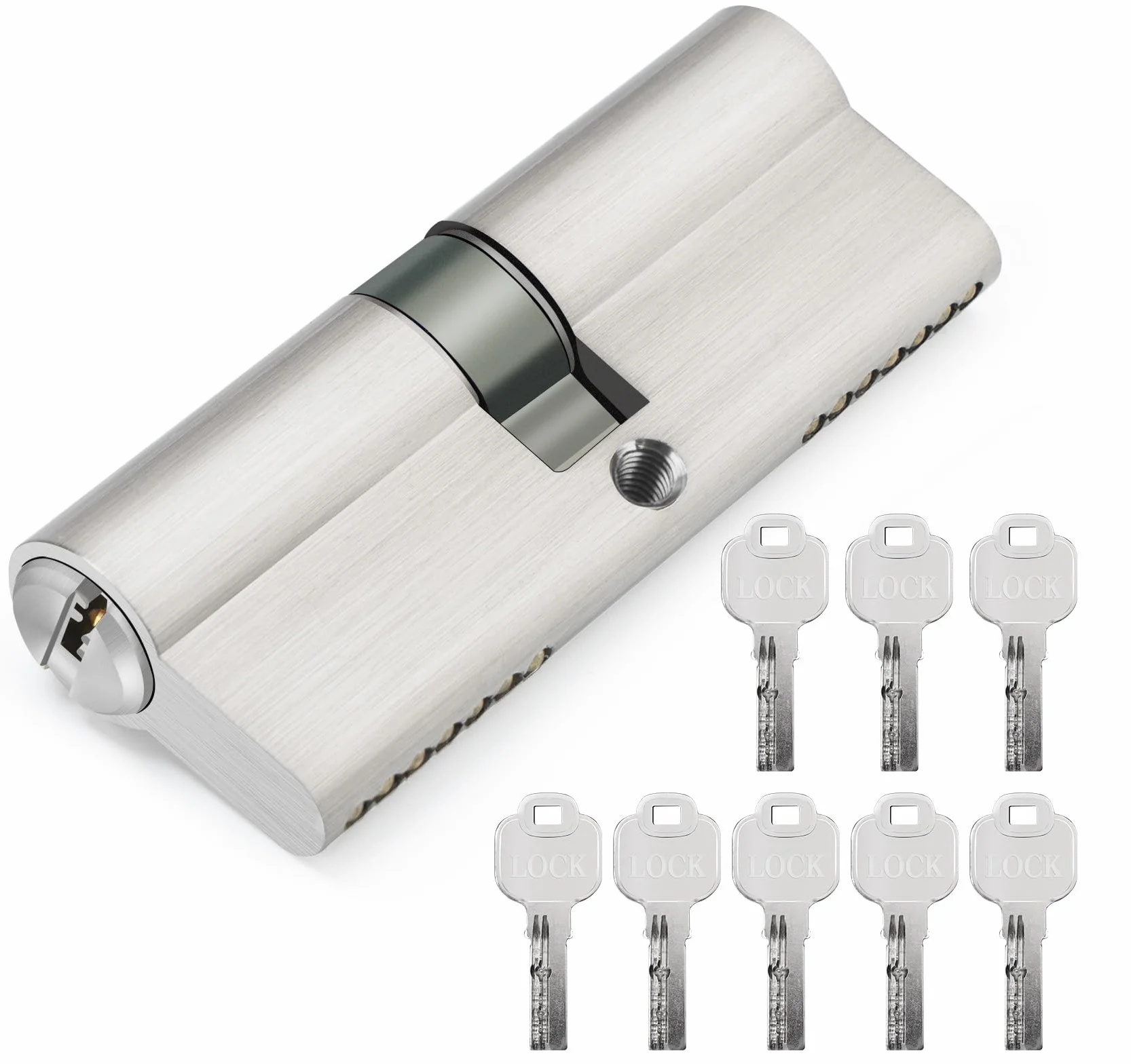 Hengsong Cylinder zamka 40/40, zamek bębenkowy, z 8 kluczami, cylinder profilowy do drzwi wejściowych, zamek do drzwi wejściowych, zamek do drzwi wewnętrznych, ok. 6 cm x 1,5 x 1,5 x 3 cm, srebrny