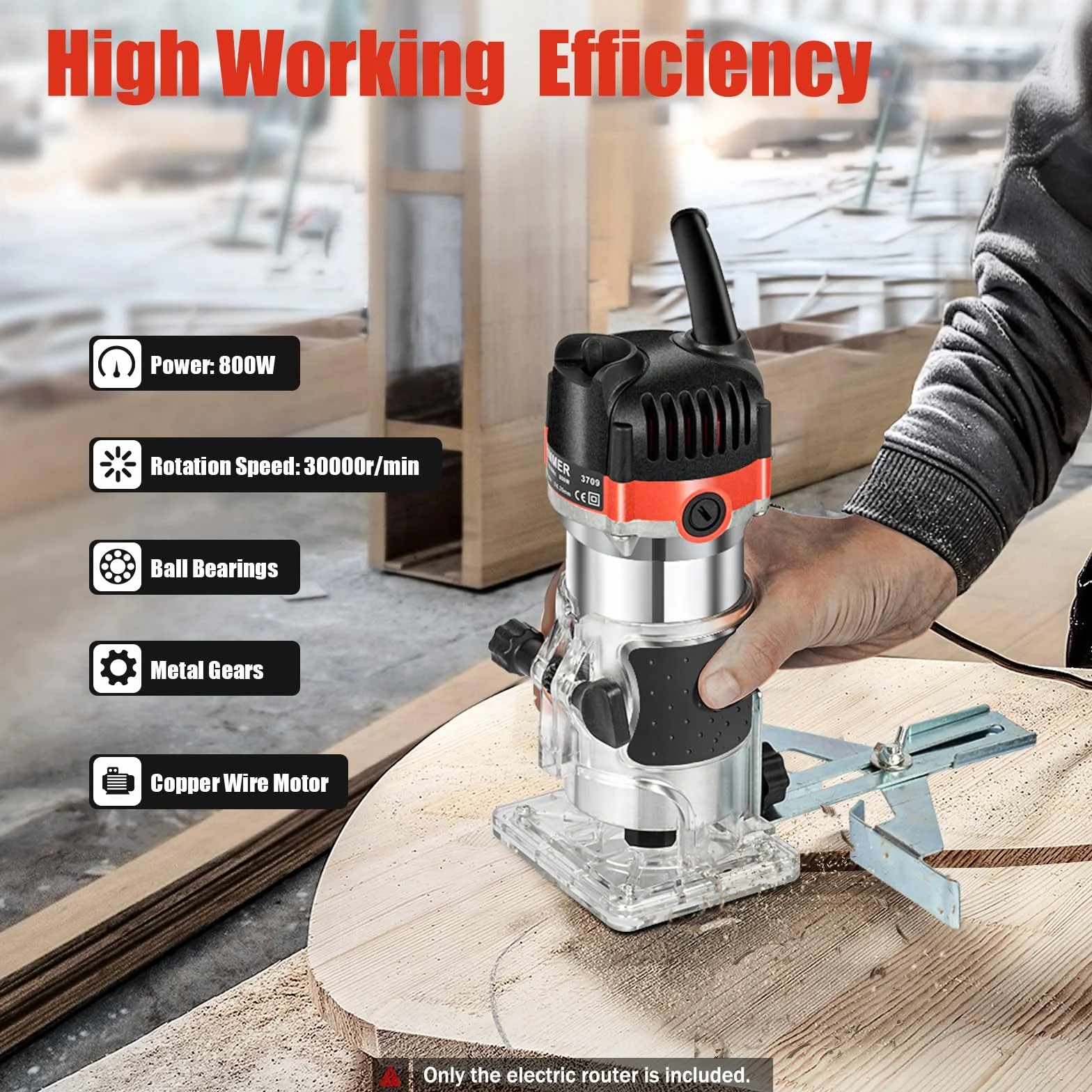 Elektryczna frezarka górnowrzecionowa jednoręczna, 800 W Rimmer Router Frez krawędziowy, zestaw frezów do drewna, elektryczny laminat do drewna palmowego Router Joiner Tool 30000 obr./min, do