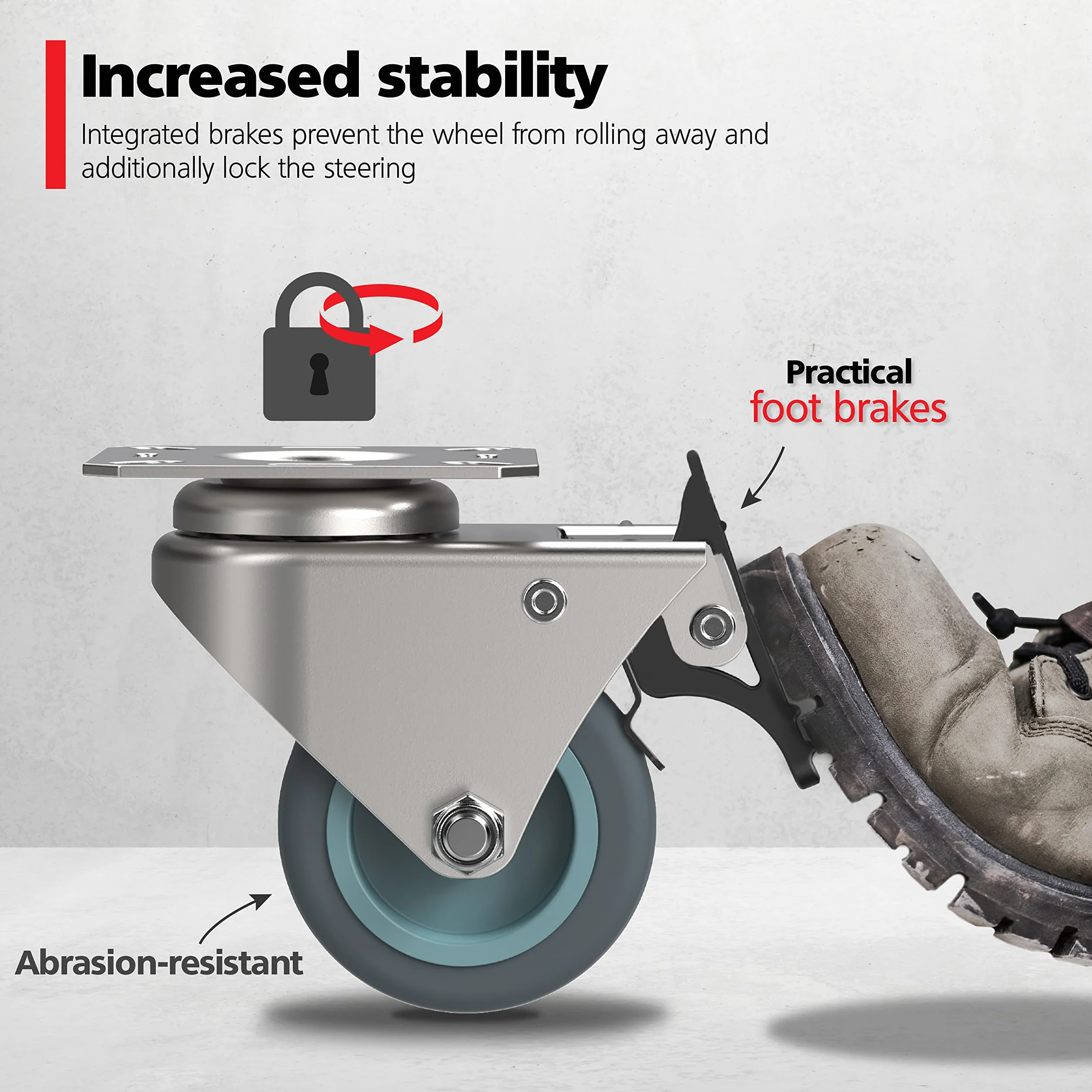 RAVN HAMAN 4X Heavy Duty Castor Wheels 50mm - Trolley Furniture Swivel Casters with Brake - Grass and Sand Suitable - 75mm Total Height - Industrial Castors up to 400kg