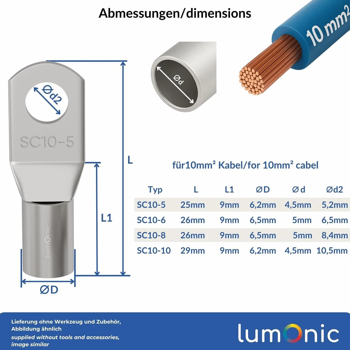 Lumonic 10x Koncówka kablowa rurowa 10mm² pusty | M5 | Miedz cynowana | Bezpieczne polaczenie kablowe bez lutowania | SC10-5, Zestaw 10 zaciskanych koncówek kablowych, zlacza zaciskane |